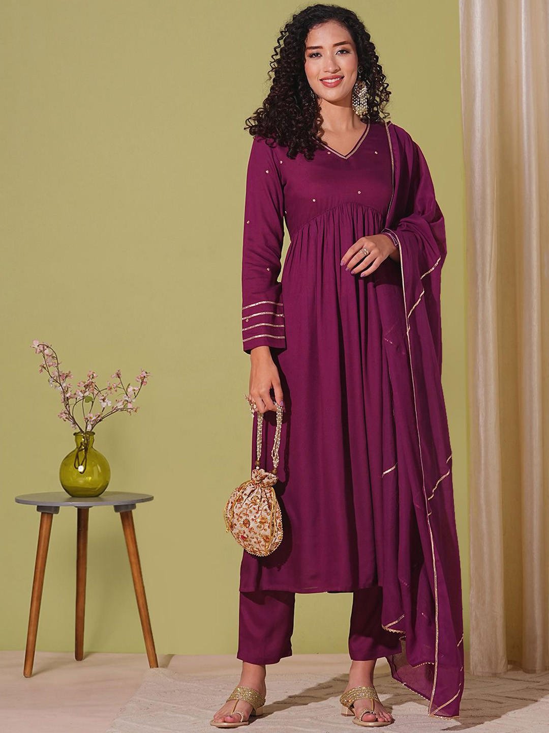 Moda Rapido Women's Wine Solid Anarkali Kurta Set With Dupatta