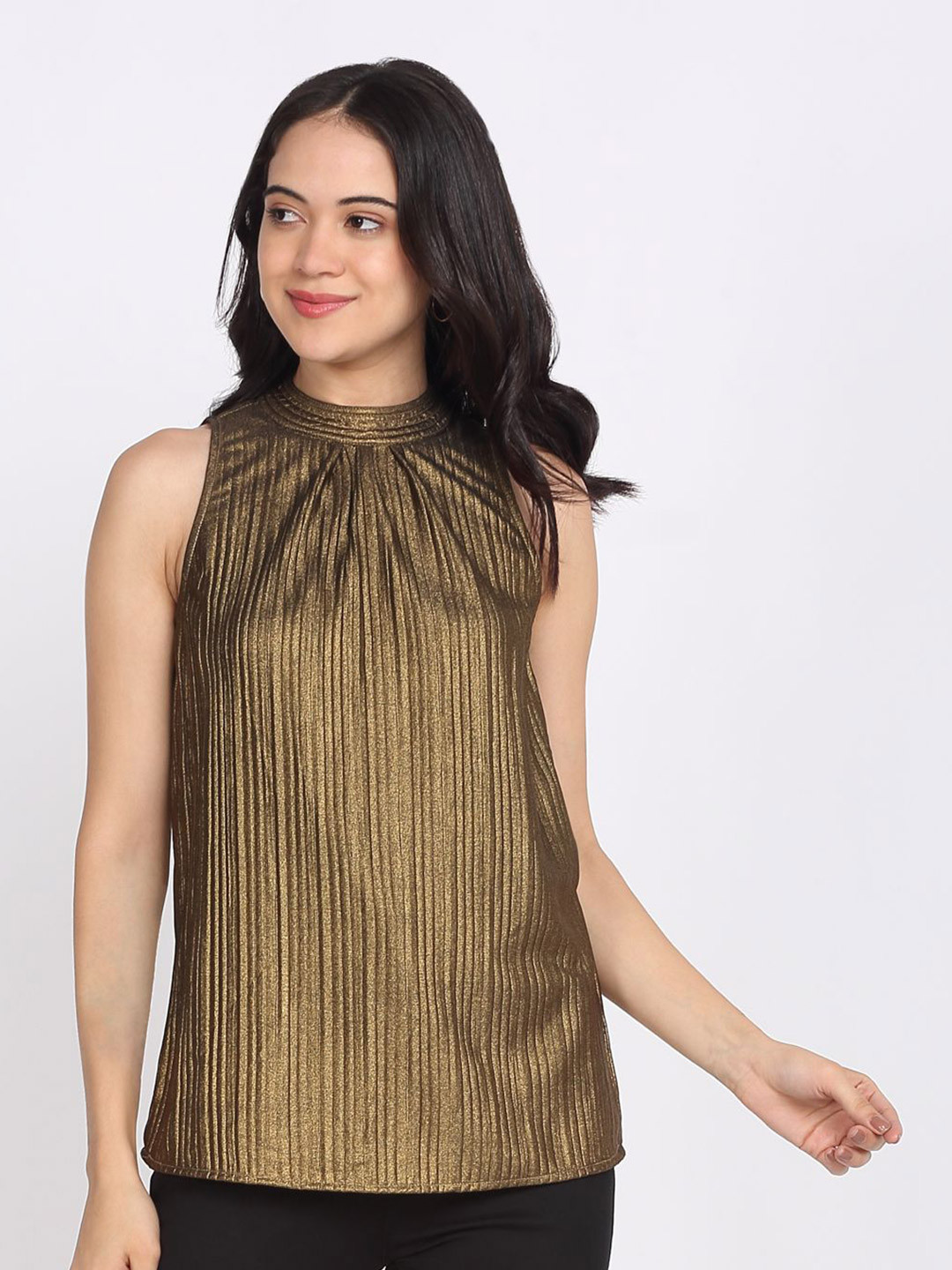 SHAYE Women Golden Halter Neck Solid Sleeveless Party Tops