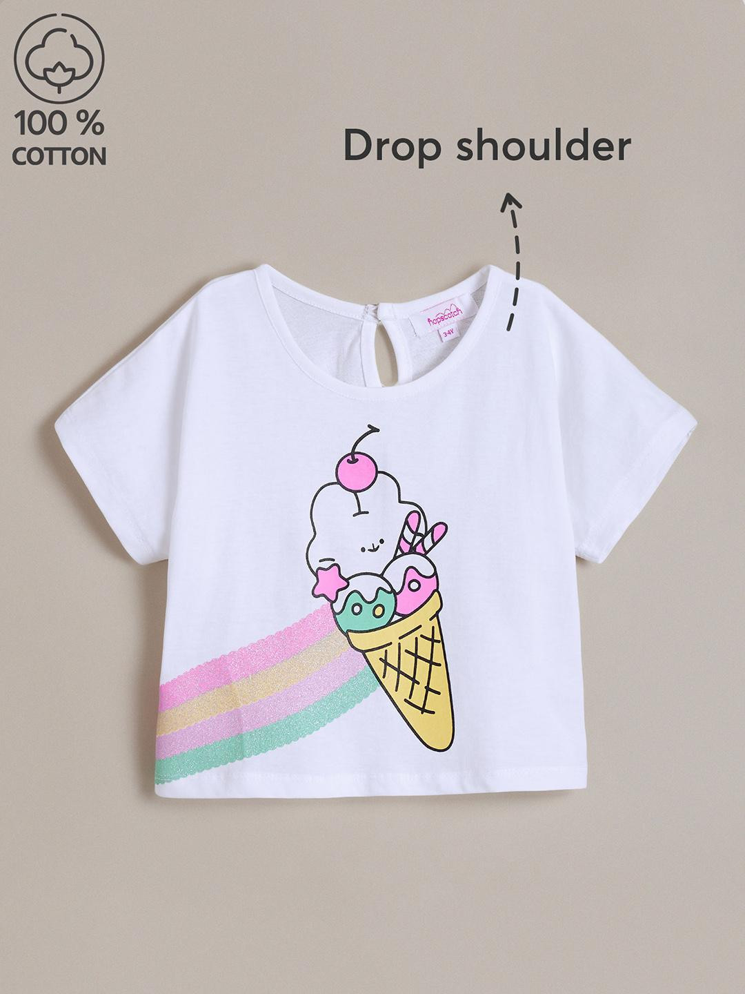 Hopscotch Girls Rainbow Scoop Printed Drop-Shoulder Sleeves Cotton T-shirt