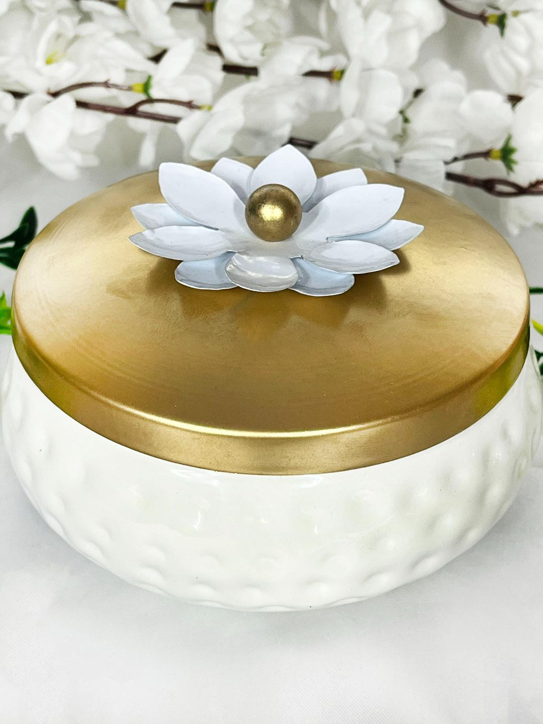 DIWAM HANDICRAFTS White & Golden Floral Dry Fruit Metal Storage Jar