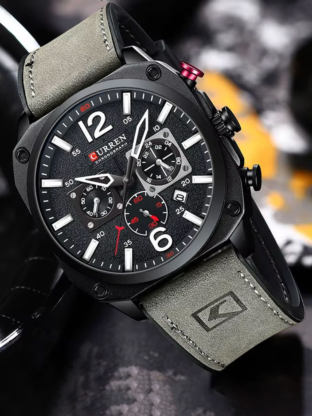 Curren Men Brass Dial & Leather Straps Analogue Watch CR-8398-Black Grey