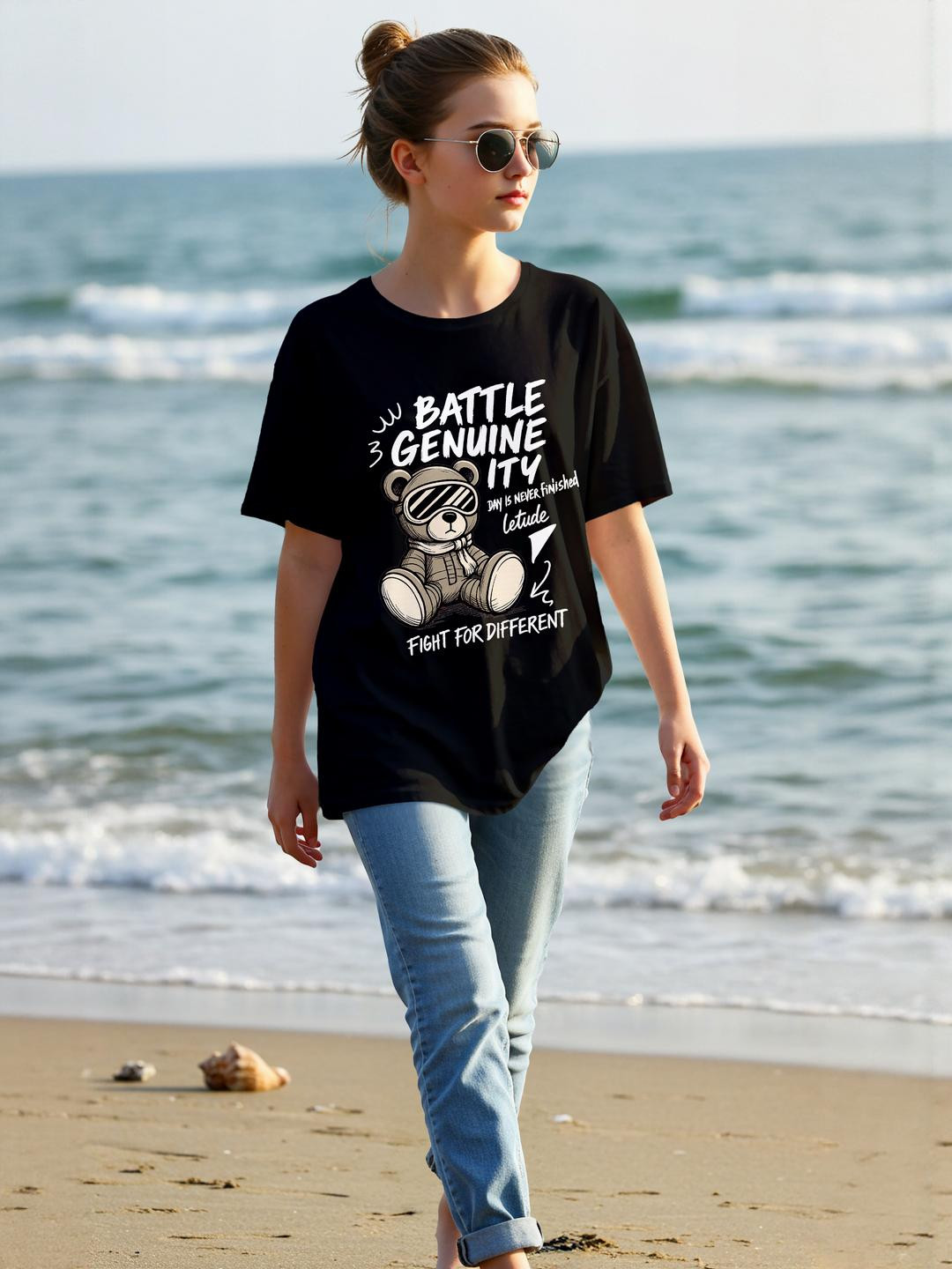 Dagcros Girls Womens Oversized Battle Genuine-ity Teddy Graphic T-Shirt