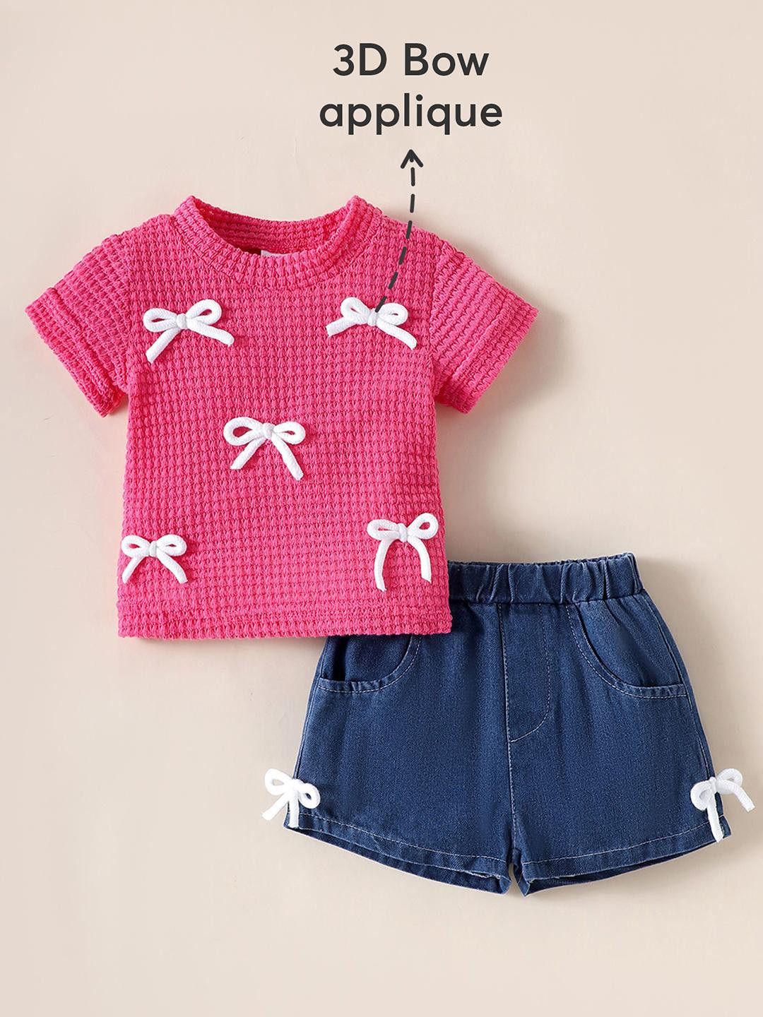 2-Pc Bow Blossom Textured Shorts Set