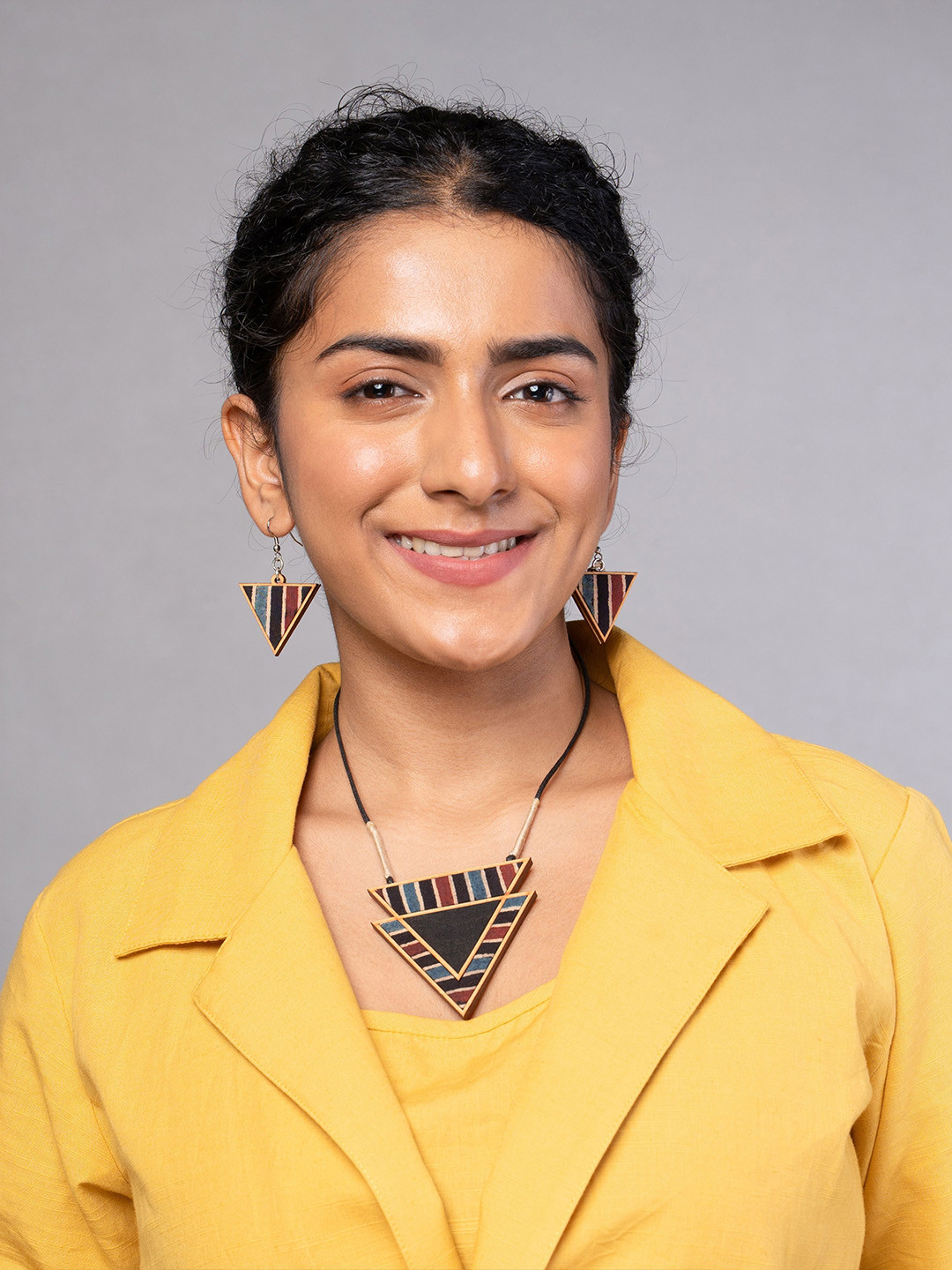 WHE Ajrakh Repurposed Fabric And Wooden Statement Triangular Necklace