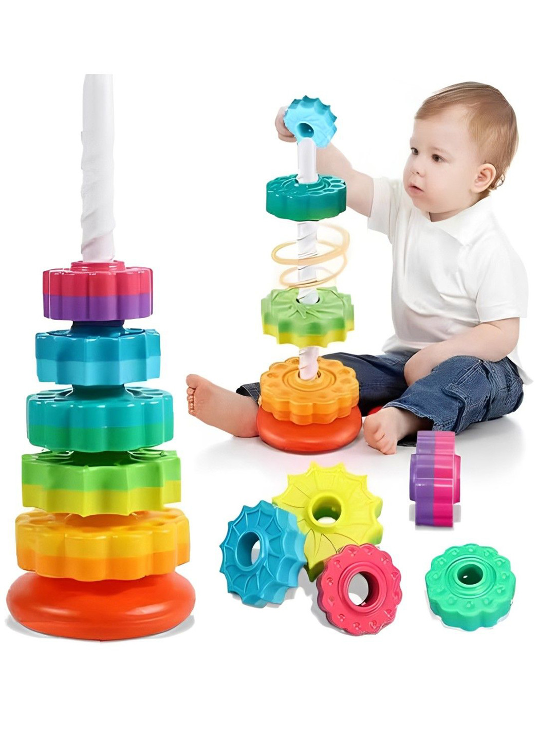 ADKD Rainbow Gear Stacking Tower Toy with Spinning Rings Learning Toy