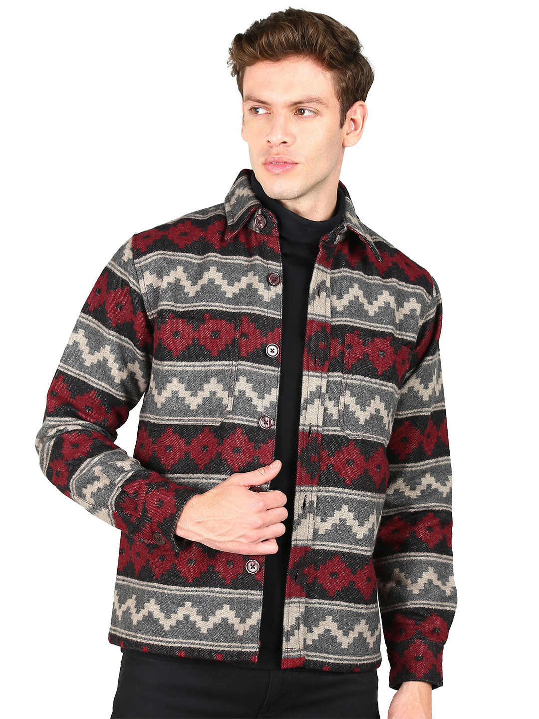ESSENTIELE Men Chevron Self Design Aztec Shacket