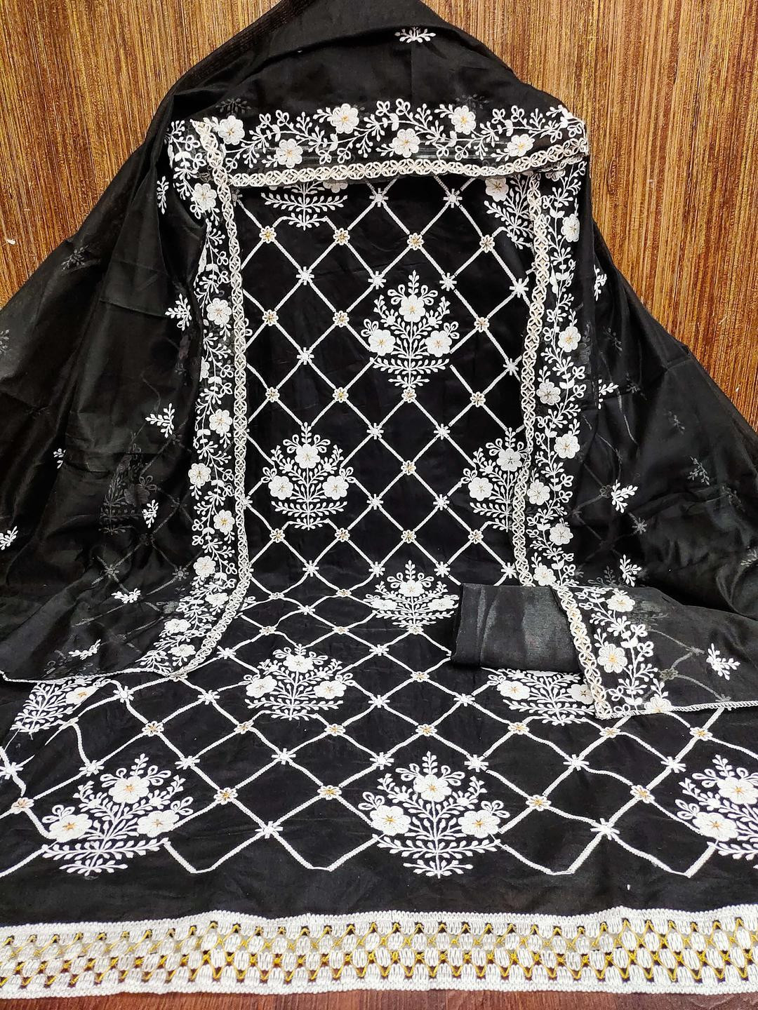 KALINI Women Black Chanderi Cotton Sequence Unstitched Dress Material