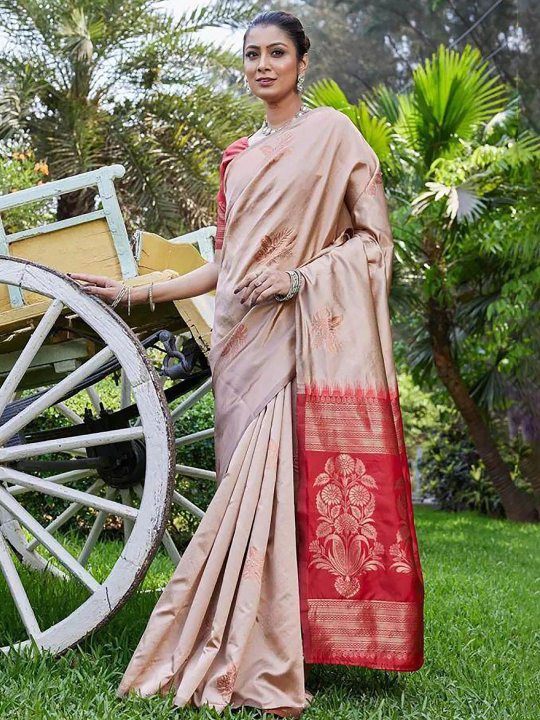 Woven Beige Designer Banarasi Silk Blend Saree