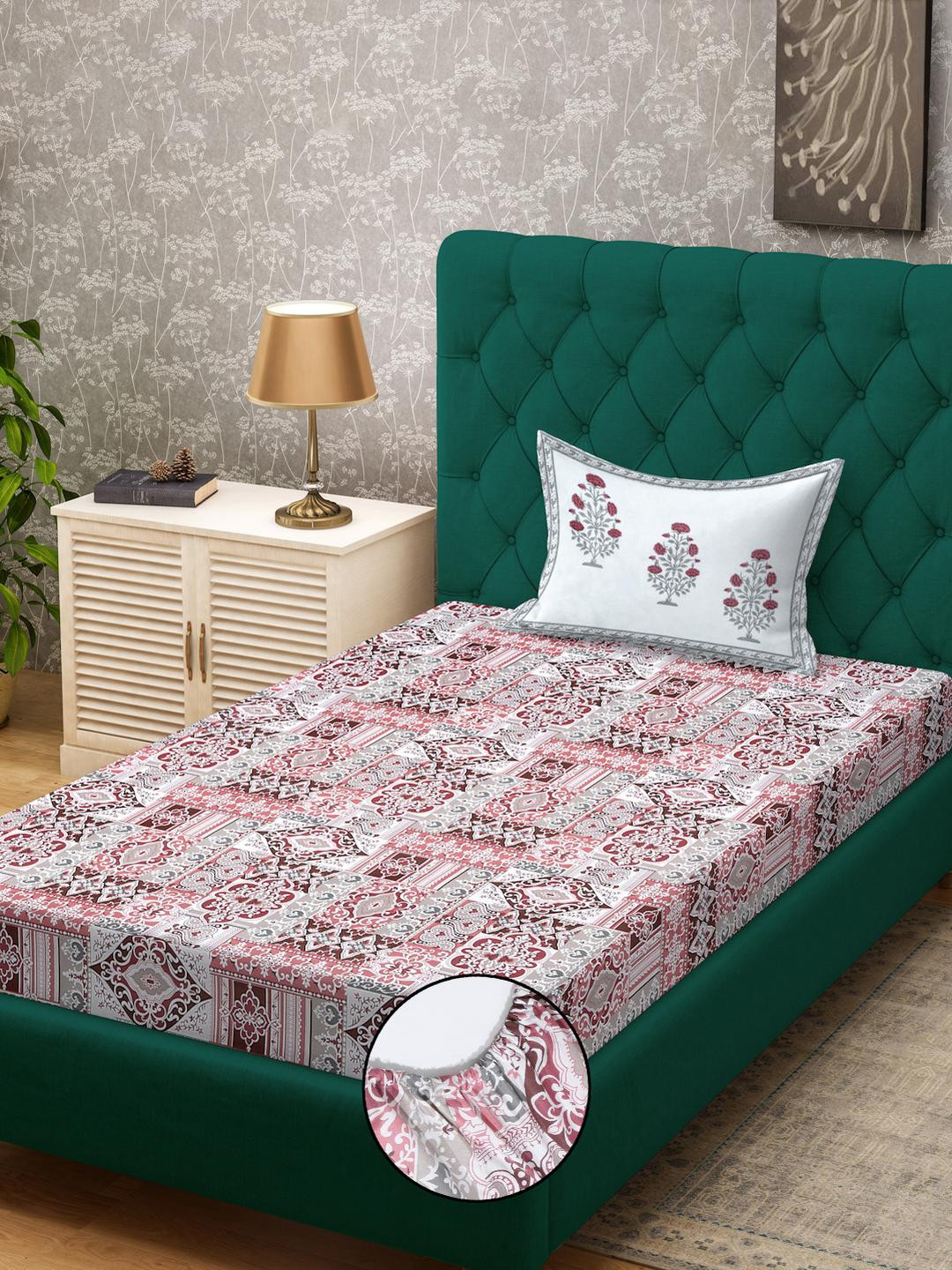 Klotthe Red Ethnic Motifs 400 TC Pure Cotton Fitted Single Bedsheet in Book Fold Packing