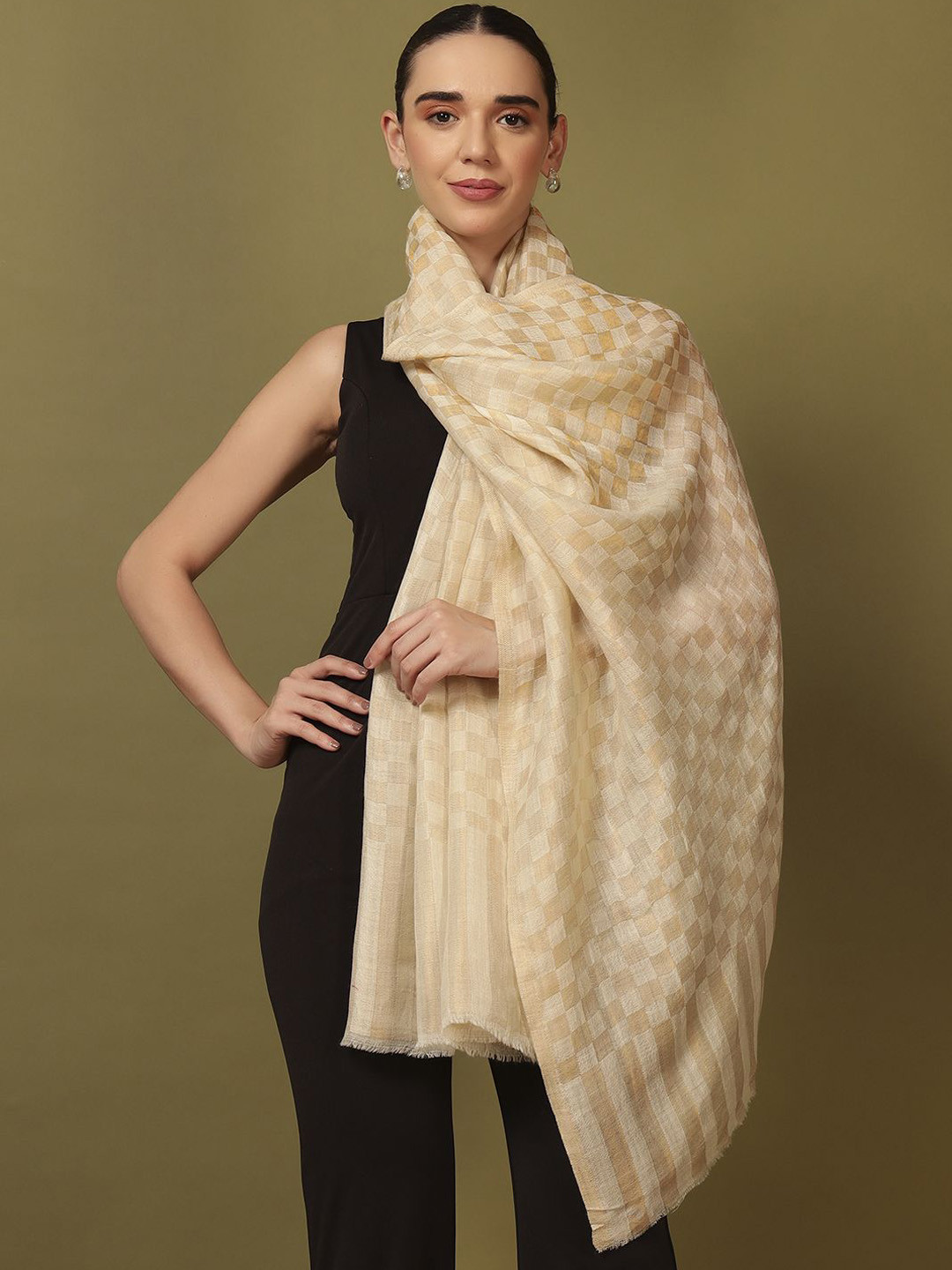 Pashmoda Ruhzar Checked Woven Design Reversible Pashmina Woolen Shawl