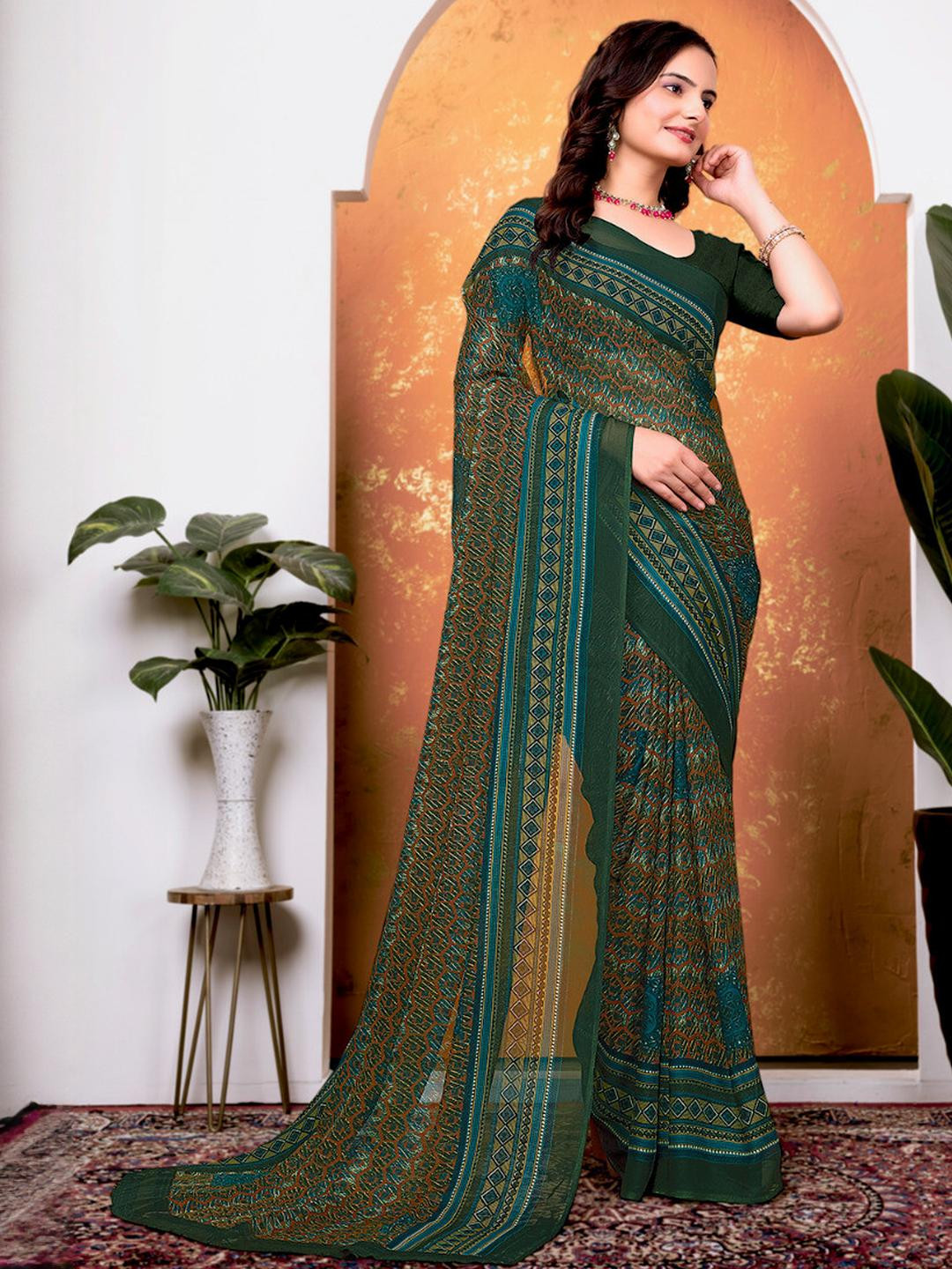 Printed Daily Wear Georgette Saree (Green)