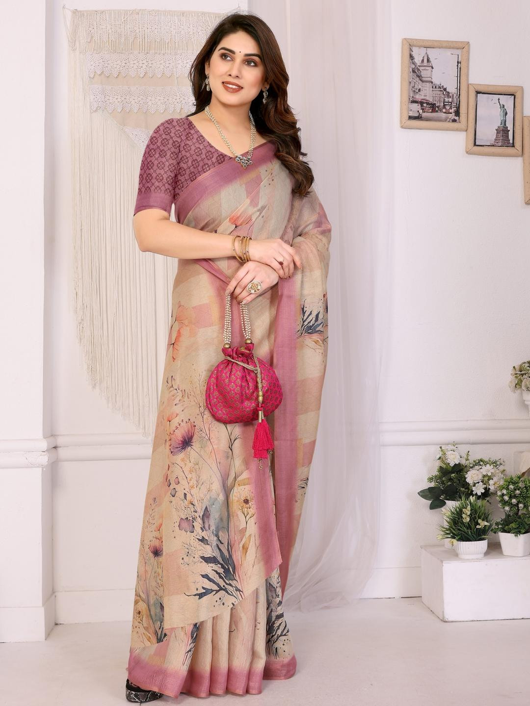 VJ FASHION Women Plain Eroid Silk Digital Printed Saree with Unstitched Blouse Piece