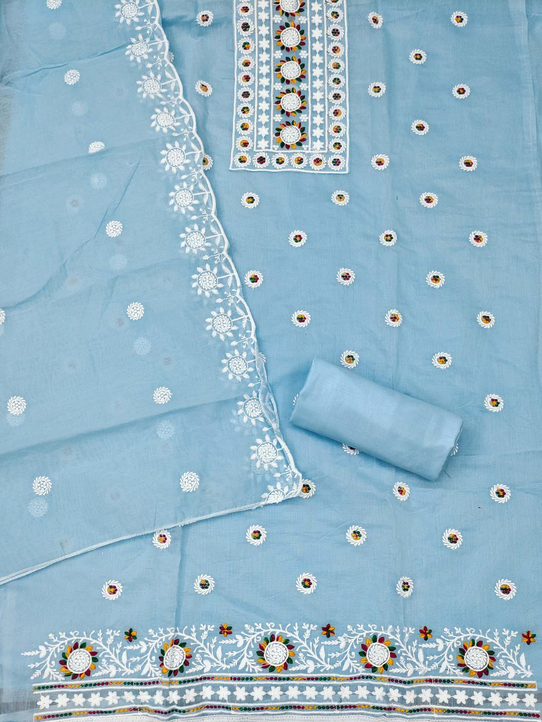 Sky Blue Chanderi Cotton Embroidered Dress Material with Dupatta  Kalini