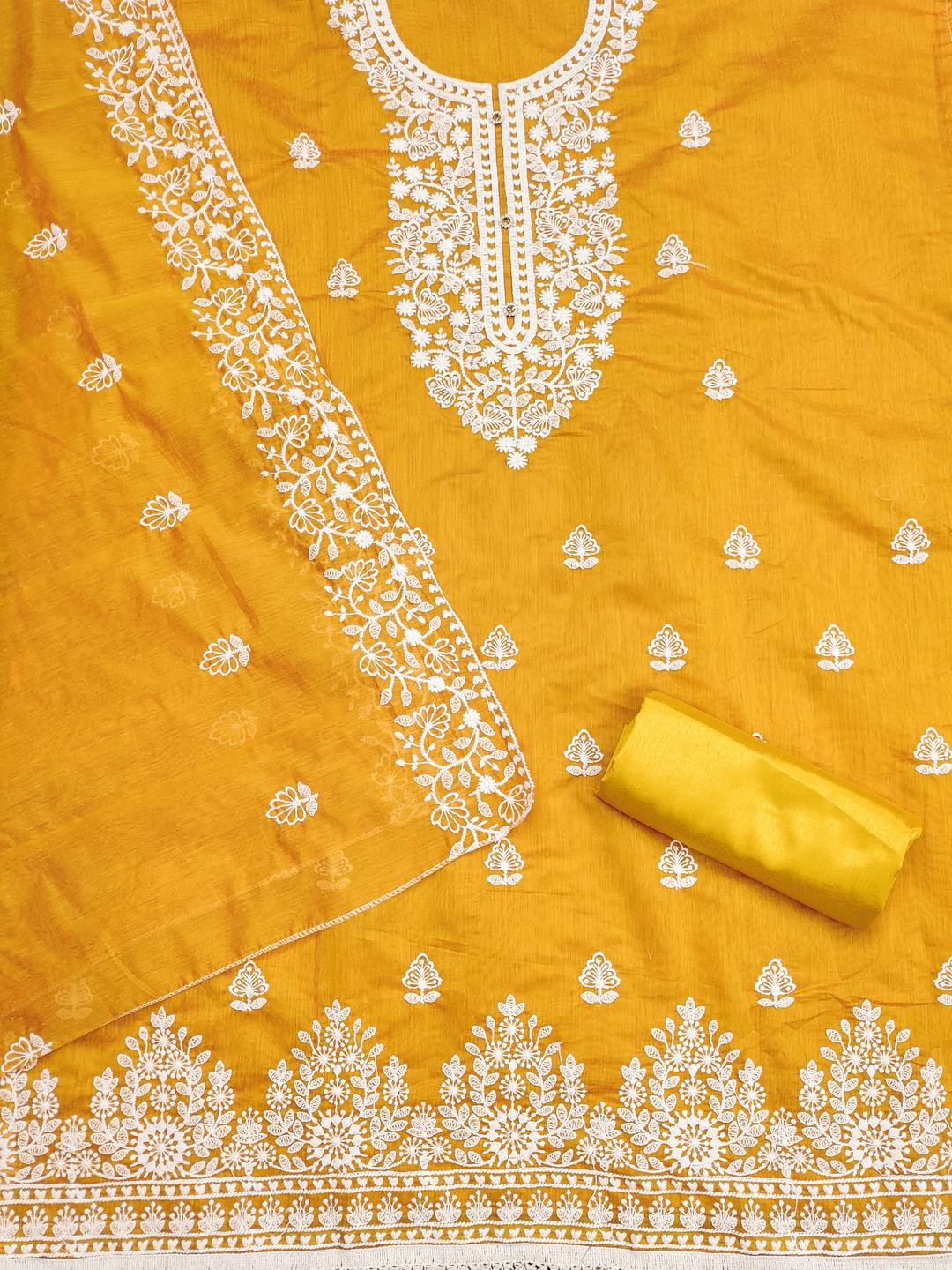 Kalini Women Yellow Chanderi Cotton Embroidery Unstitched Dress Material with Dupatta