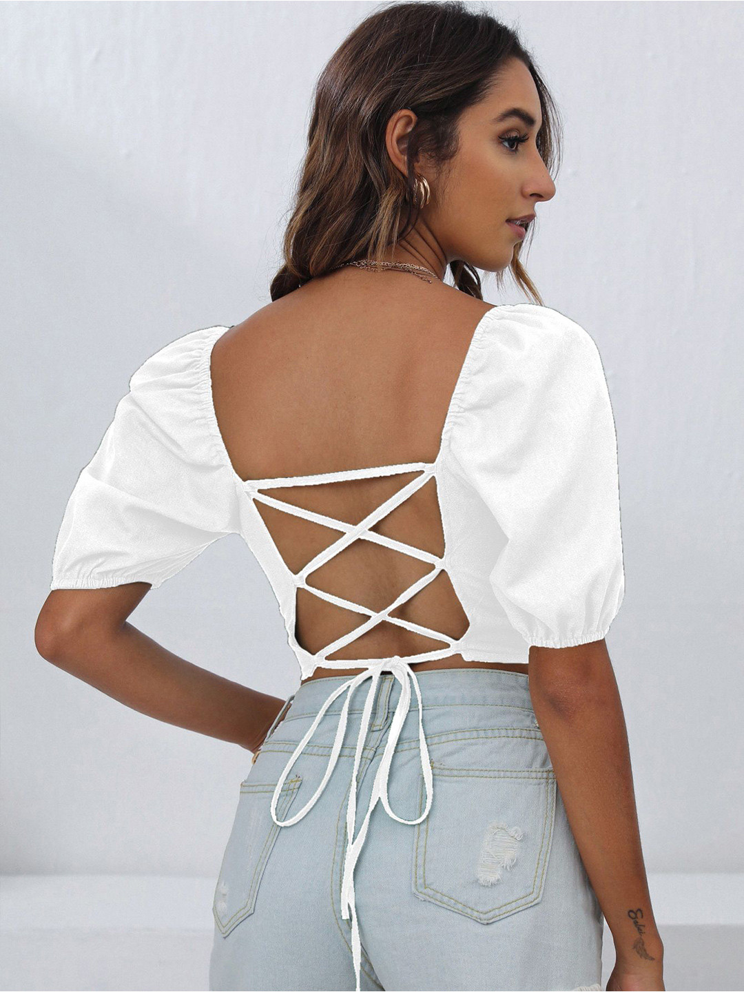AAHWAN Women Lace-Up Puff Sleeve Styled Back Crop Top