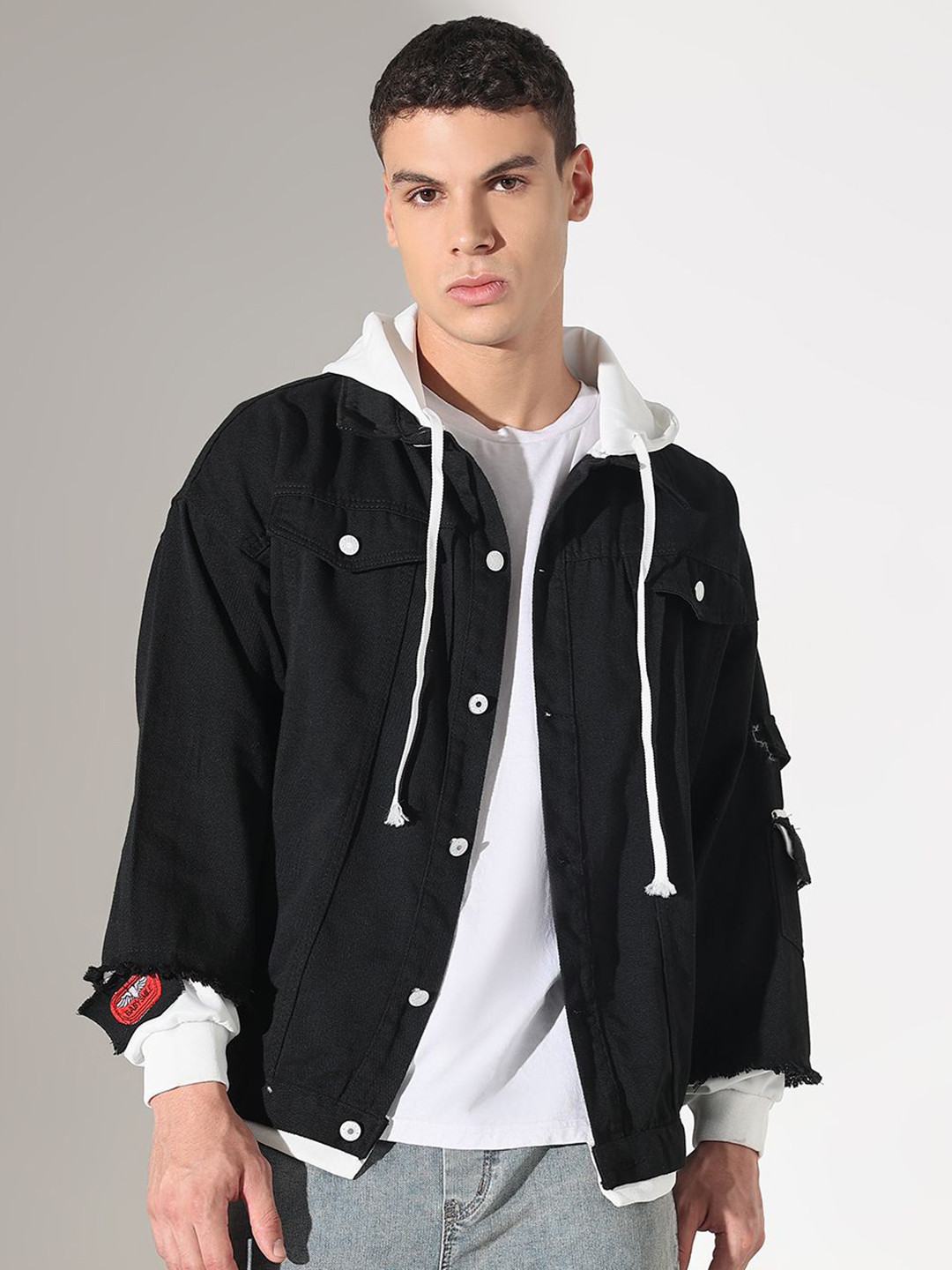 SHOWOFFFF Men Hooded Solid Denim Jacket