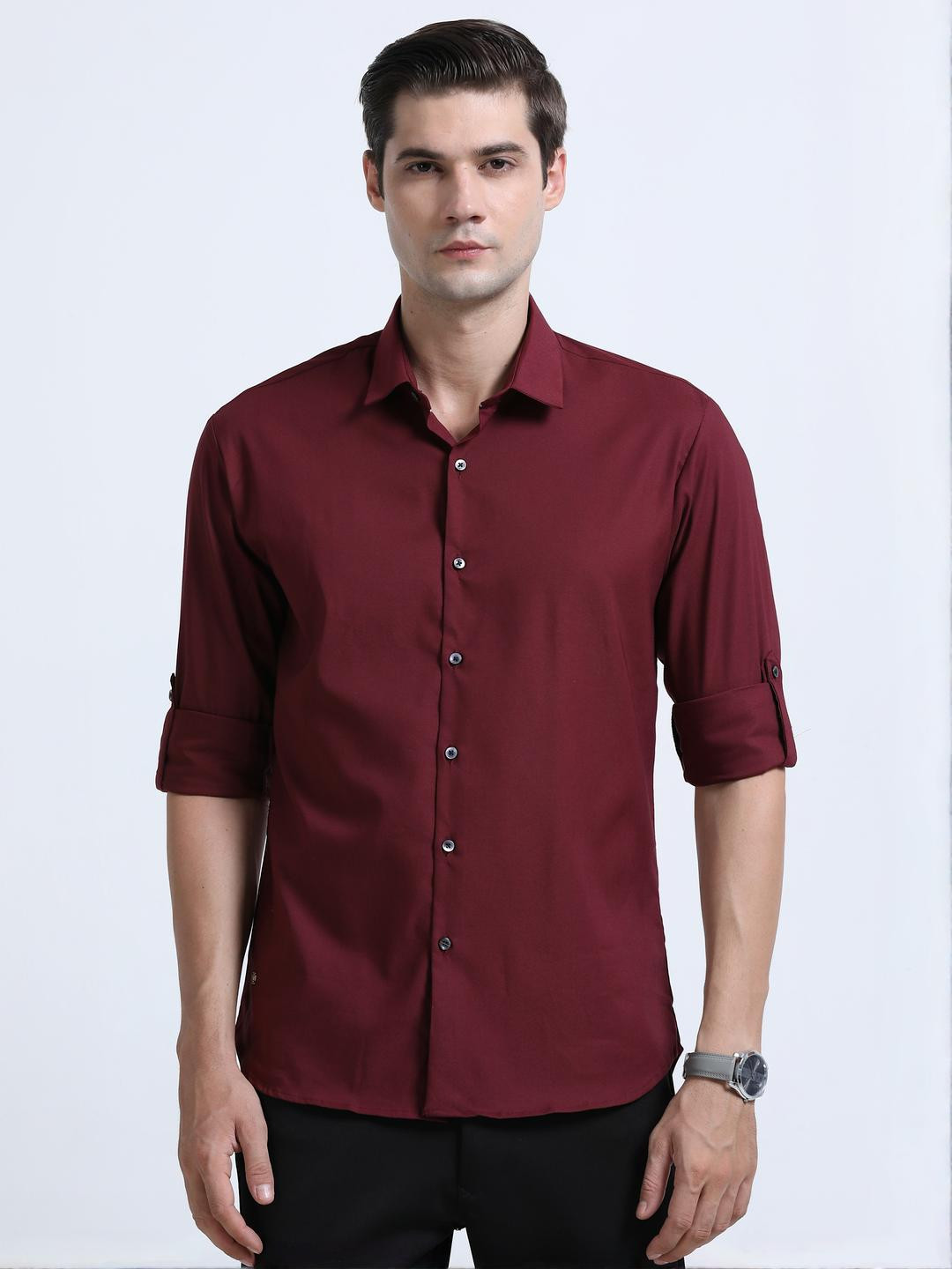 COOL COLORS Men Red Slim Fit Solid Full Sleeve Satin Casual Shirt