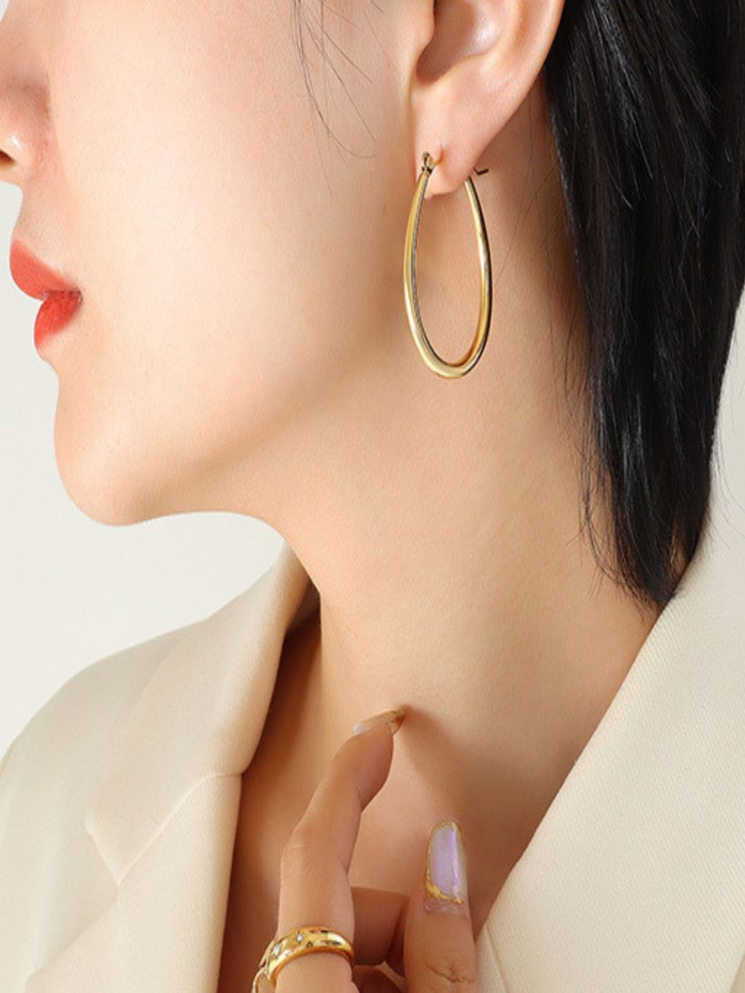 AQUASTREET 18K Gold Plated Waterproof Anti-Tarnish Oval Long Hoop Earrings