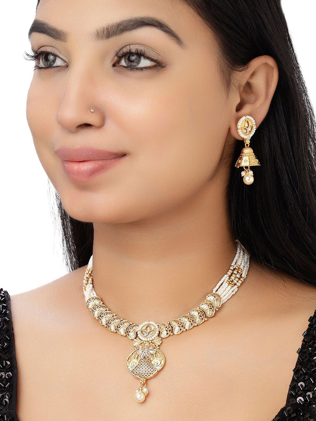 VELVET IMPERIAL Gold-Plated Kundan Studded & Artificial Beaded Necklace & Earrings