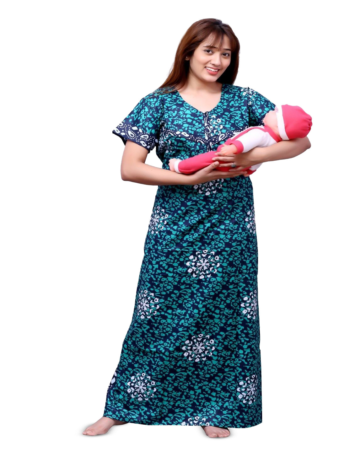 ANKONA Floral Printed Short Sleeves Pure Cotton Maxi Maternity Nightdress