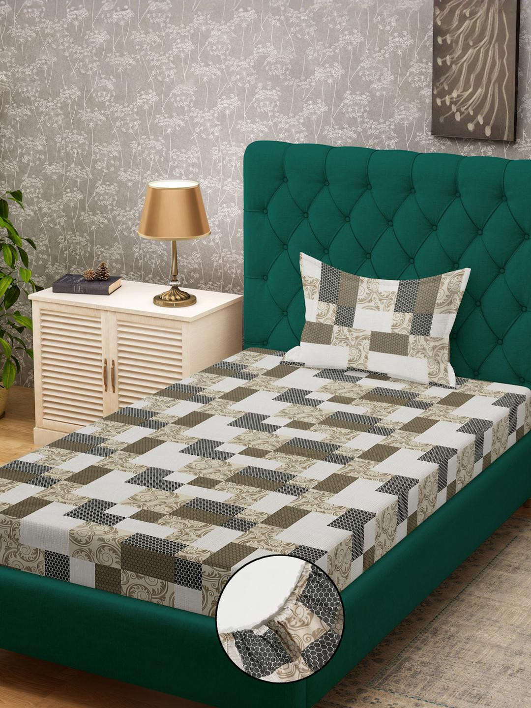 Klotthe Multi Geometric 400 TC Pure Cotton Fitted Single Bedsheet in Book Fold Packing