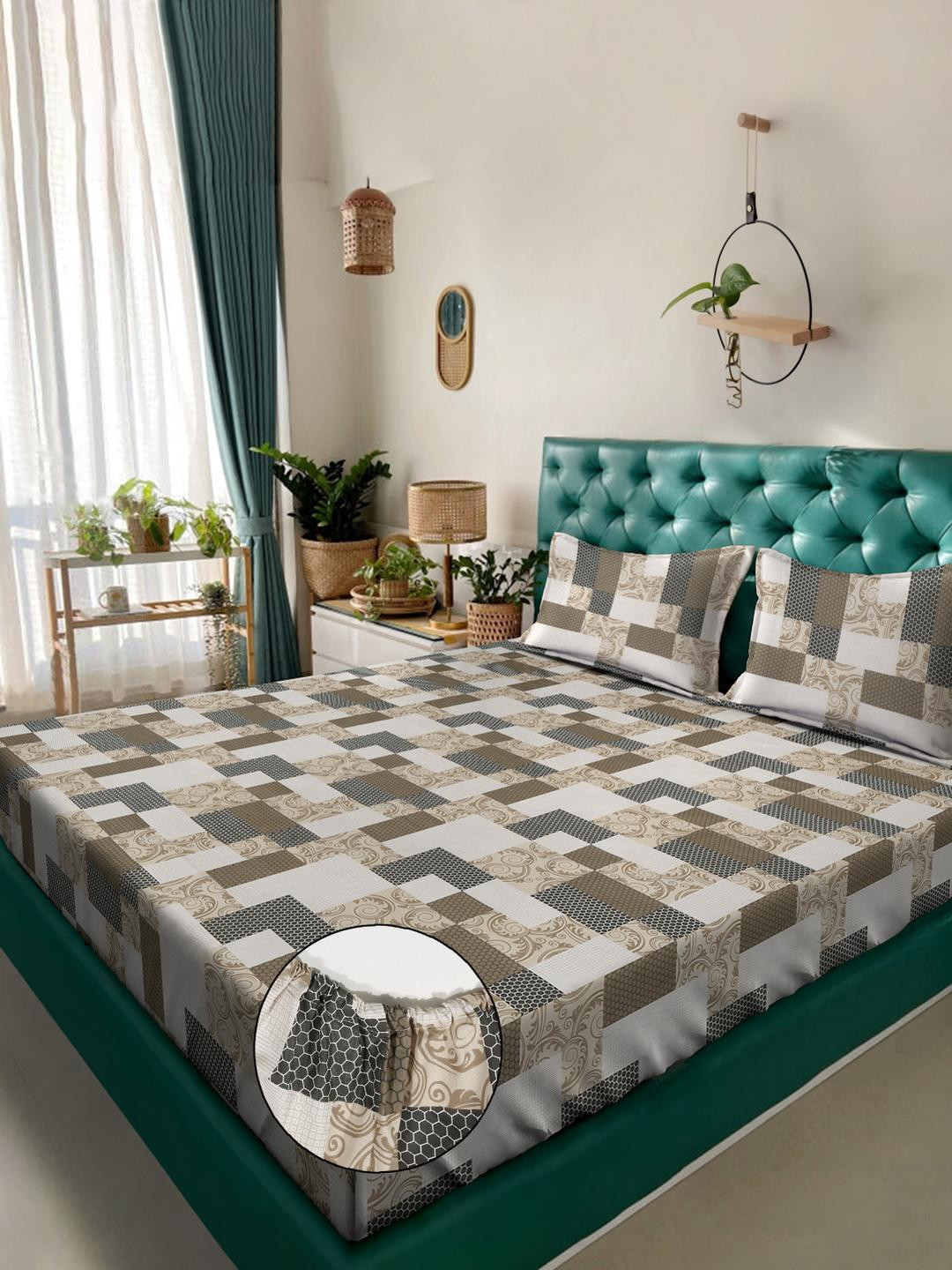 Klotthe Multi Geometric 400 TC Pure Cotton Fitted Double Bedsheet with 2 Pillow Covers