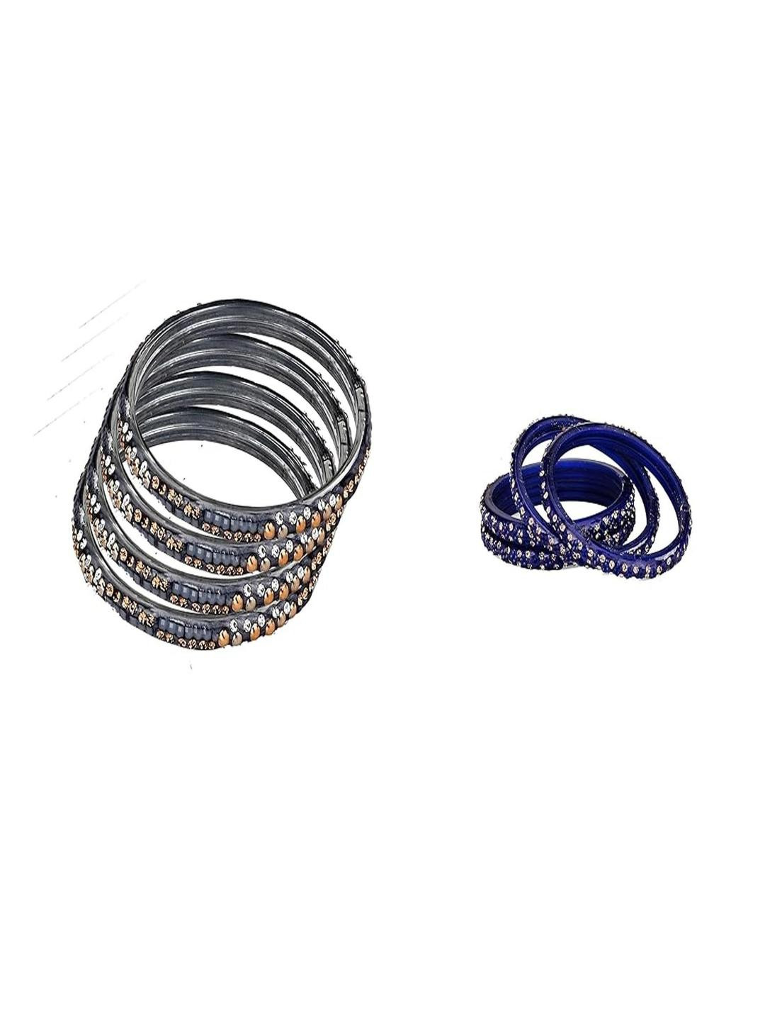 SOMIL Women Pack of 8 Grey & Blue Glass With Artificial stone Bangles