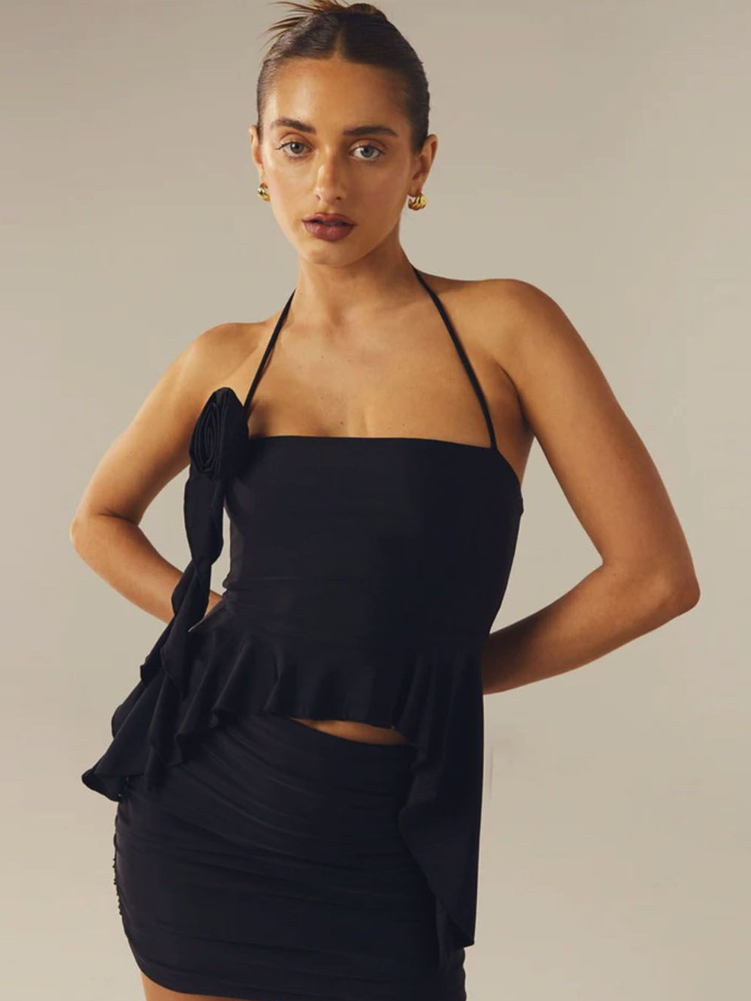 StyleCast Women Halter Neck Ruffles Fitted Crop Top