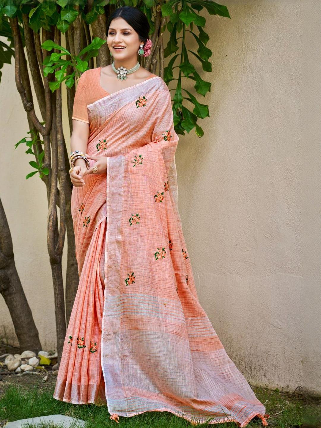 SANGAM PRINTS Floral Embroidered Tussar Saree With Blouse Pieces