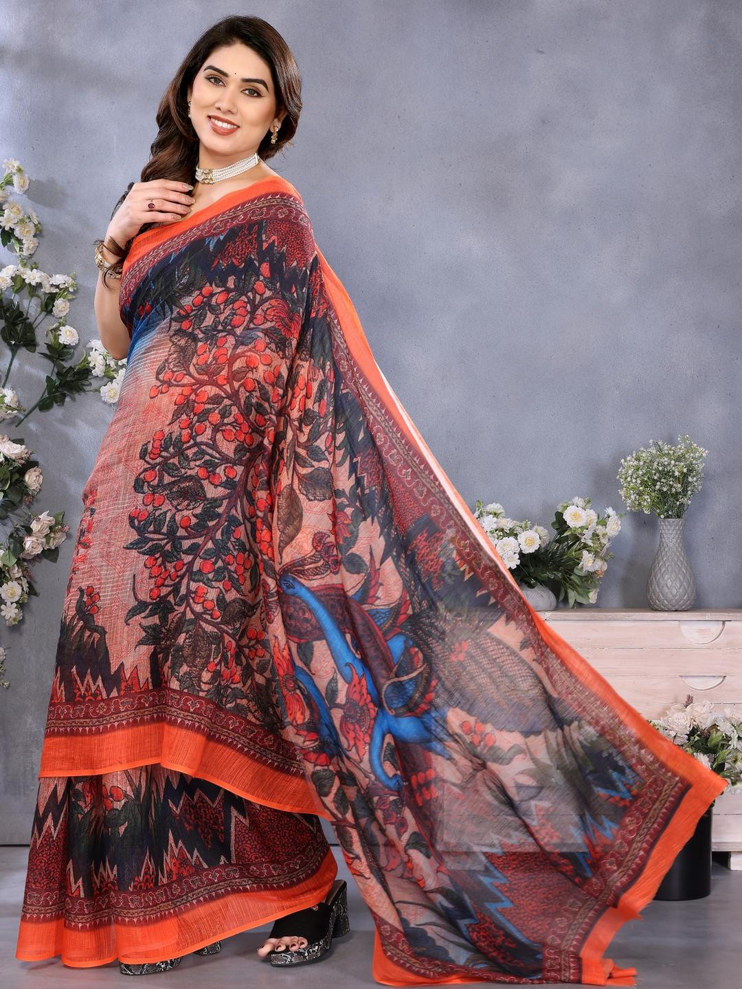 VJ FASHION Women Plain Linen Digital Printed Saree with Unstitched Blouse Piece