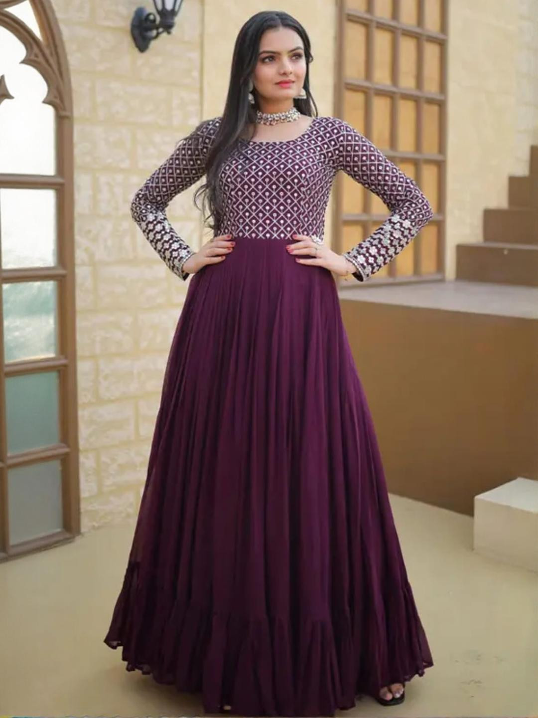 Fashion SAY Women Purple Embroidered Georgette Anarkali Gown