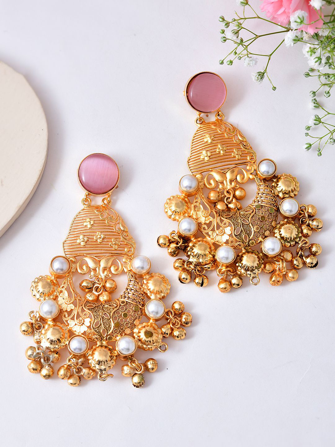 Silvermerc Designs Gold-Plated Temple Crescent Shaped Statement Chandbalis Earrings