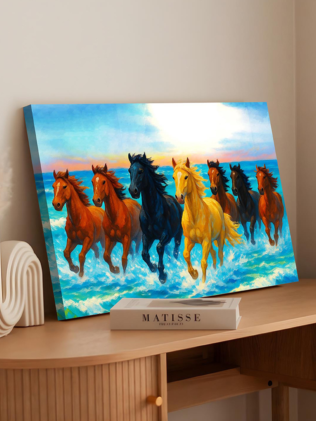 Art Street Blue & Brown Seven Running Horses Behind the Sea Canvas Wall Art