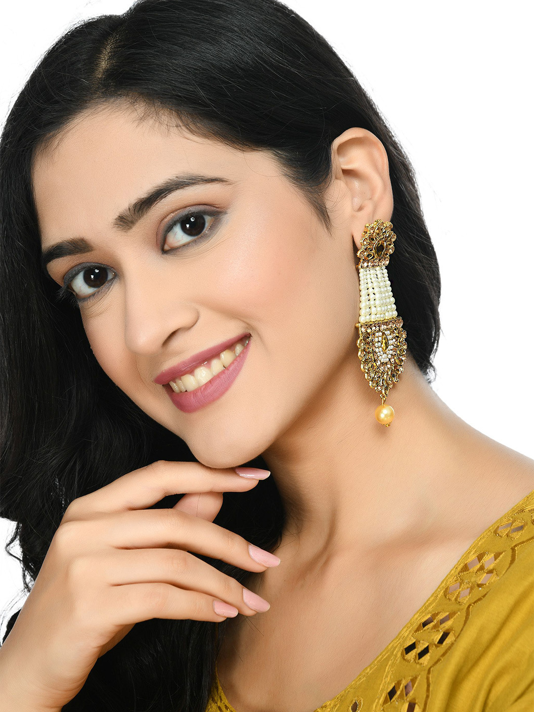 JOHARKAMAL Gold-Plated Kundan Studded & Pearls Beaded Floral Shaped Drop Earrings