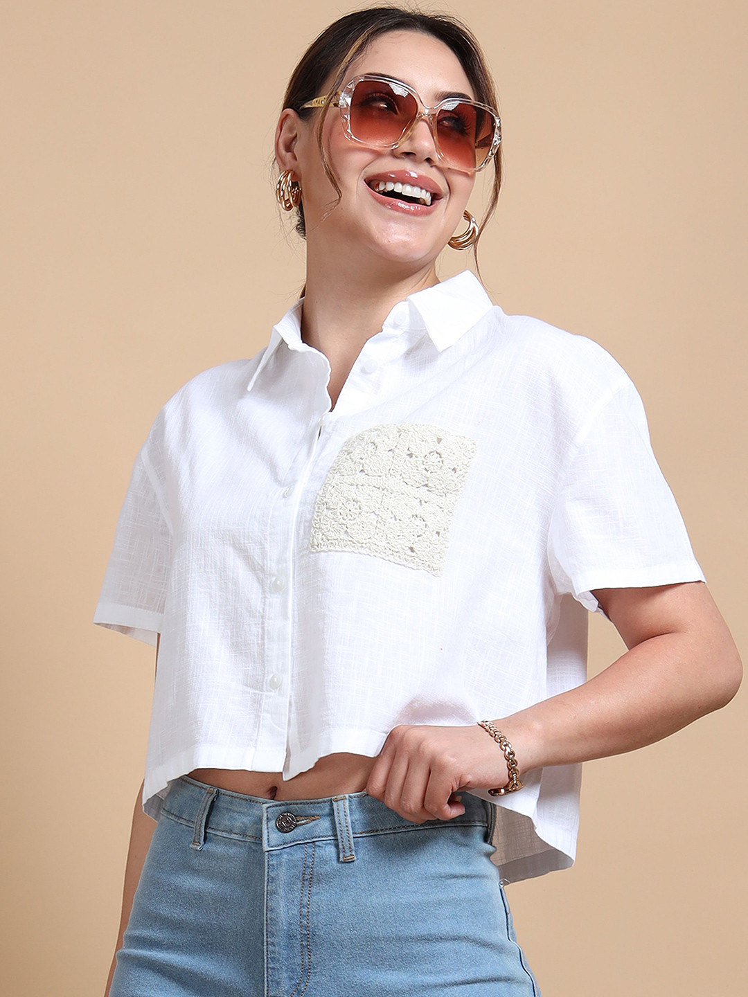 GLAM & CHIQUE Women Textured Pure Cotton Crop Shirt with Embroidered Lace Pocket