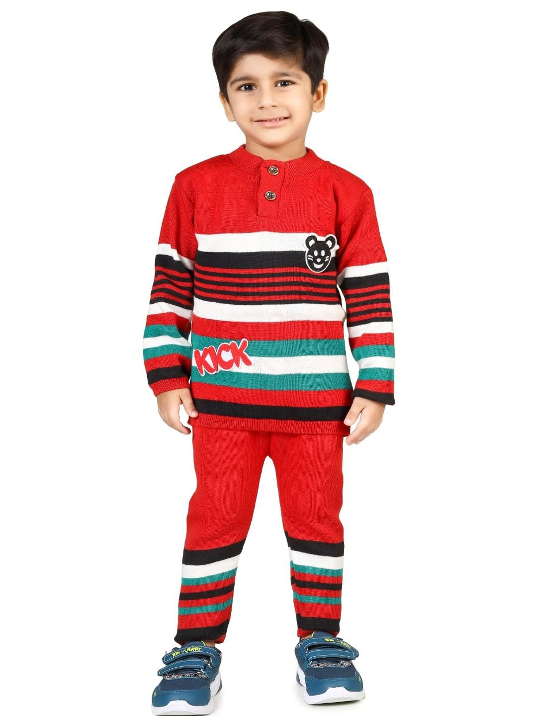 BADOS Boys Red Striped Long Sleeves Woolen Sweatshirt & Pyjamas