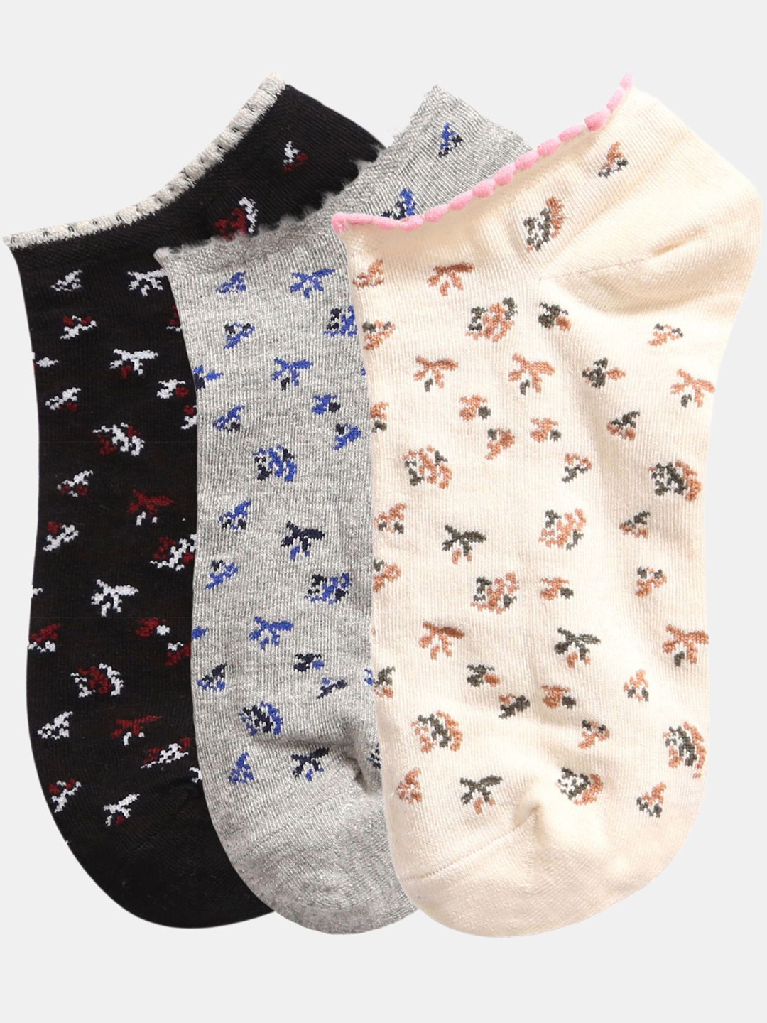 N2S NEXT2SKIN Women Pack Of 3 Blossom Pattern Cotton Ankle-Length Socks