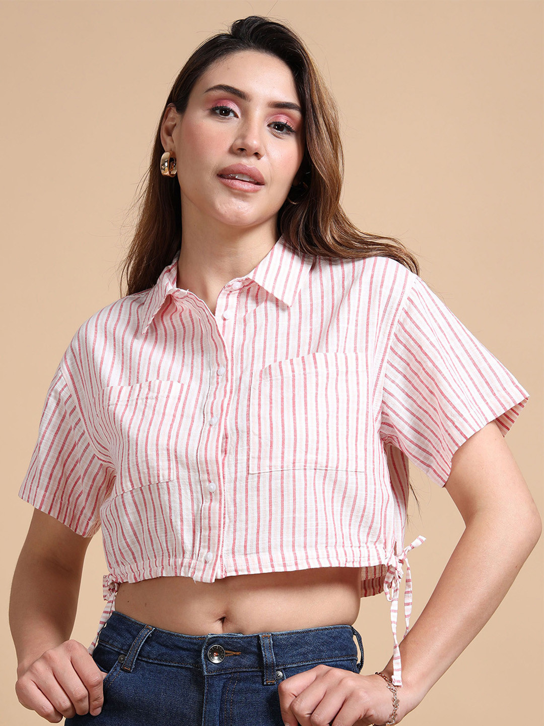 GLAM & CHIQUE Women Vertical Striped Oversized Pure Cotton Crop Shirt