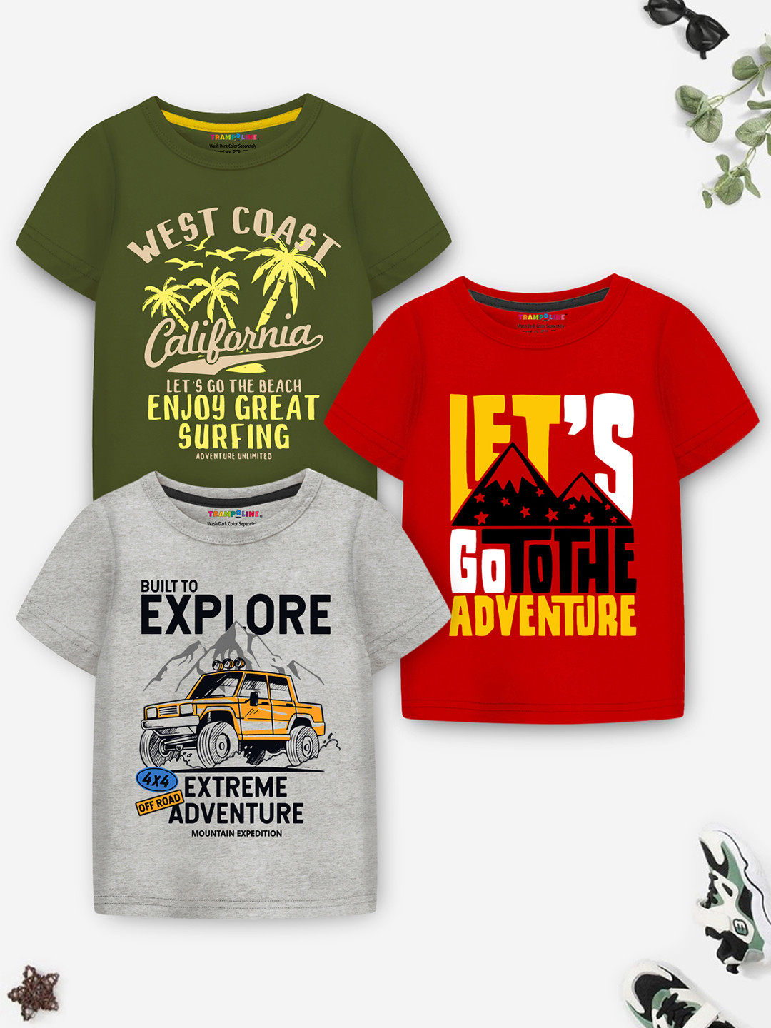 YK X Trampoline Boys Pack of 3 Typography Printed Round Neck Cotton Relaxed Fit T-shirts