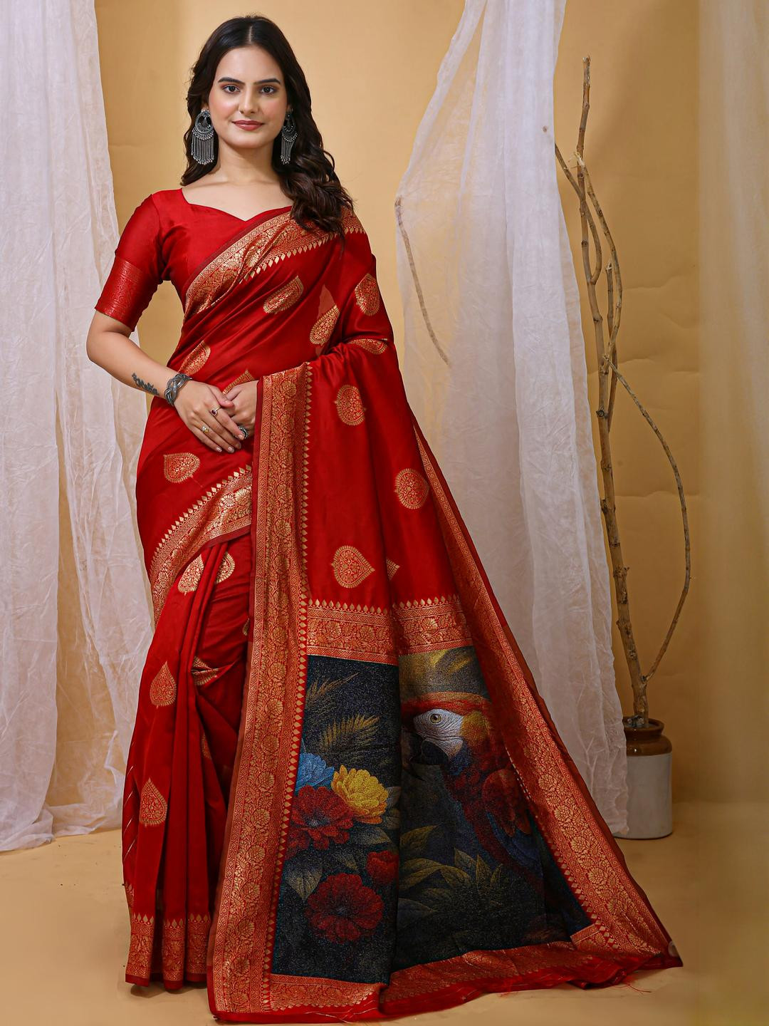 DIVASTRI Red Woven Design Art Silk Banarasi Sarees