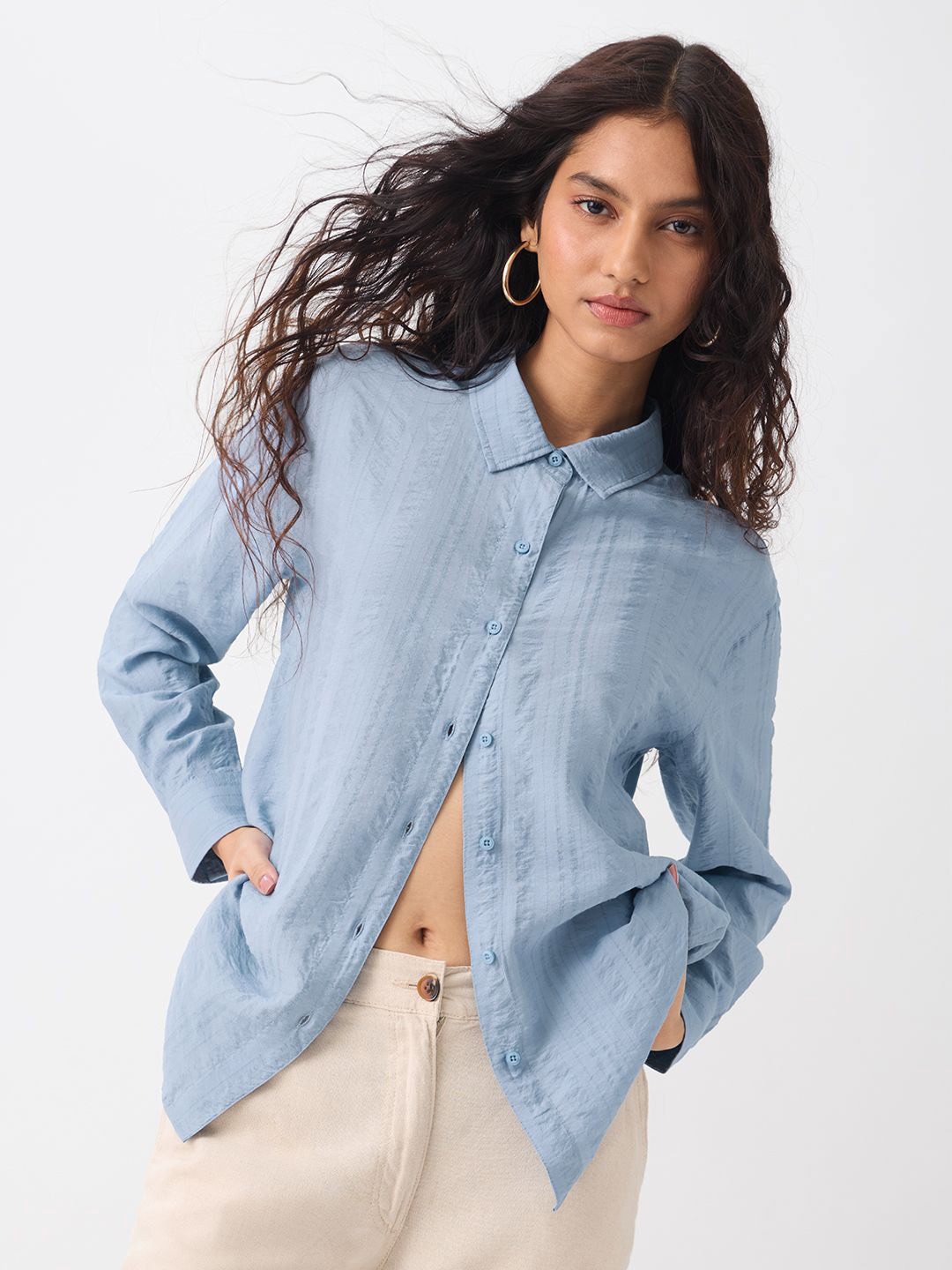 The Souled Store  Women Textured Shirt: Sky-Blue Blue Relaxed Fit Women Shirts