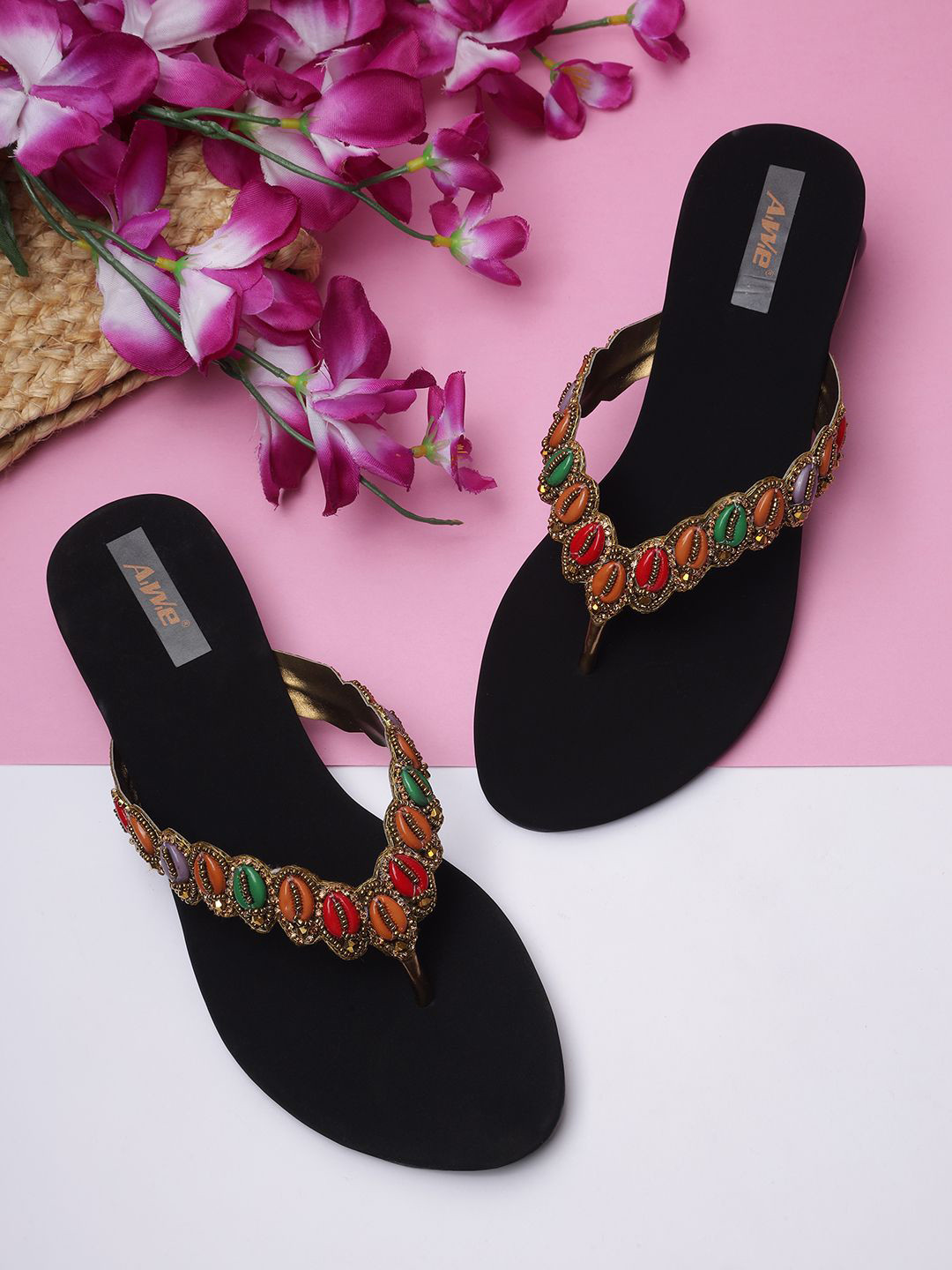 AIWIE Women Embellished T-Strap Flats With Beaded