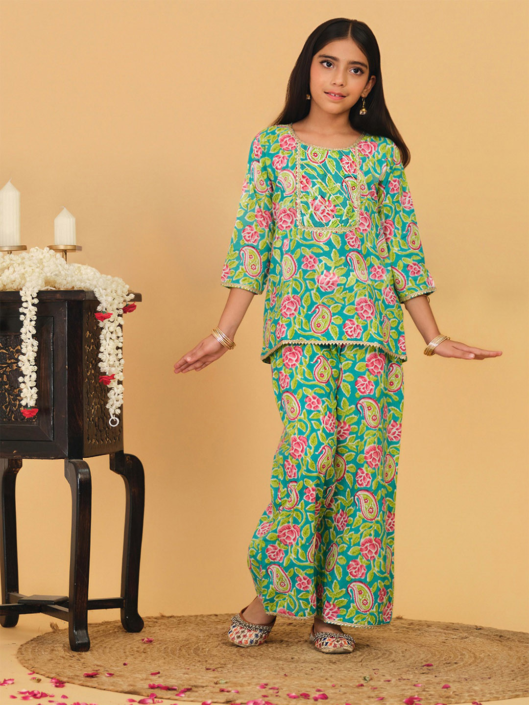 YK X Trampoline Girls Cotton Woven Floral Printed Cord Set with Palazzo