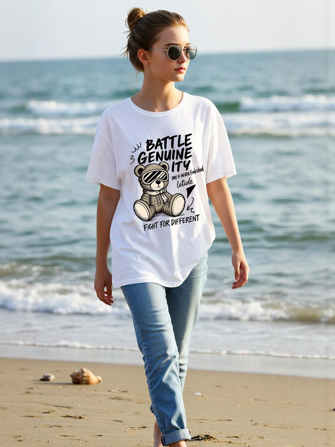 Dagcros Girls Oversized Battle Genuine-ity And Teddy Graphic Printed T-Shirt