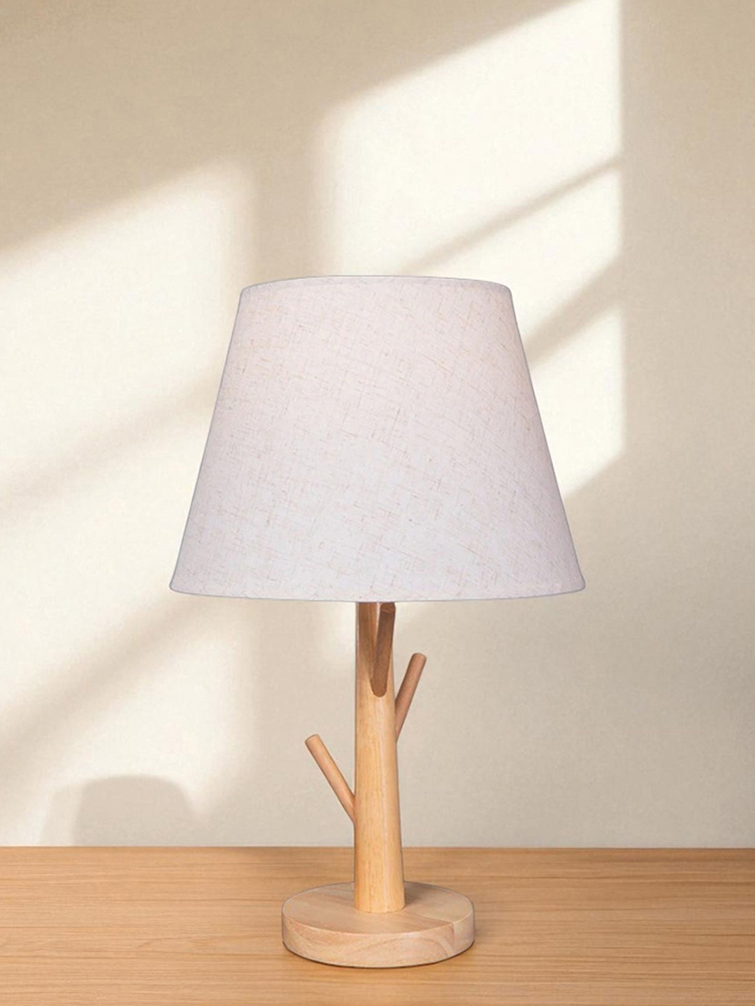 Beige Table Lamp Modern Design   With Textured Lampshade Frustrum Shaped Wooden Base