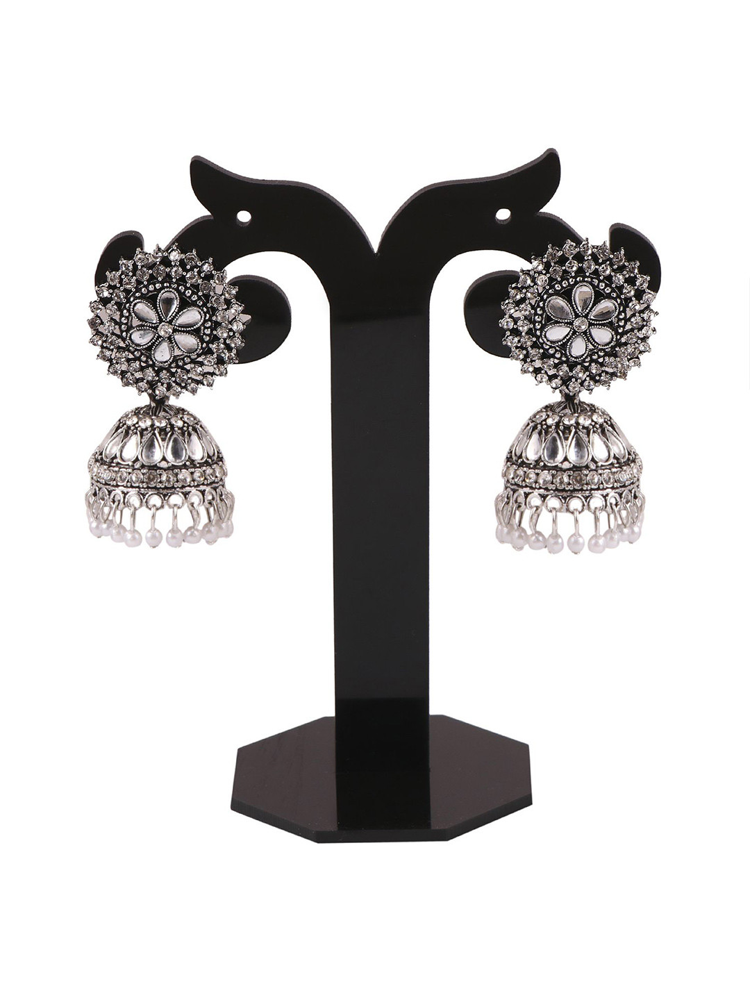 VIKESA Silver-Plated Kundan Studded & Artificial Beaded Dome Shaped Jhumkas