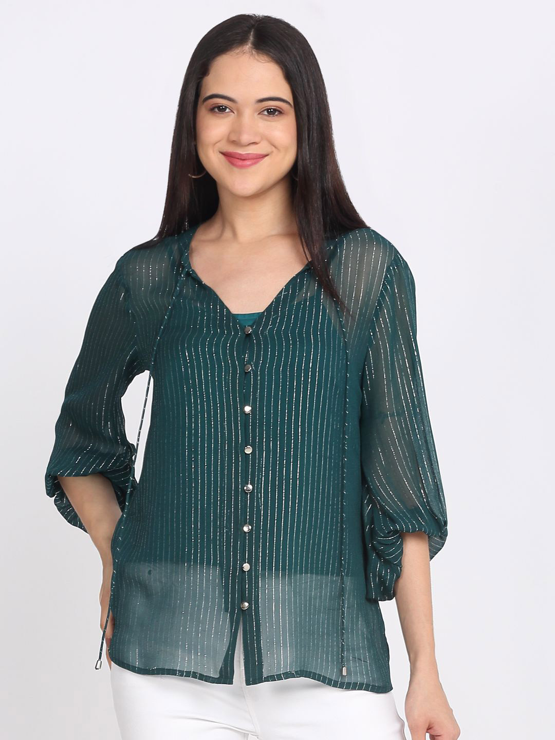 SHAYE Women Shaye Green Mandarin Collar Stripes Three-Quarter Sleeves Tops With Cami
