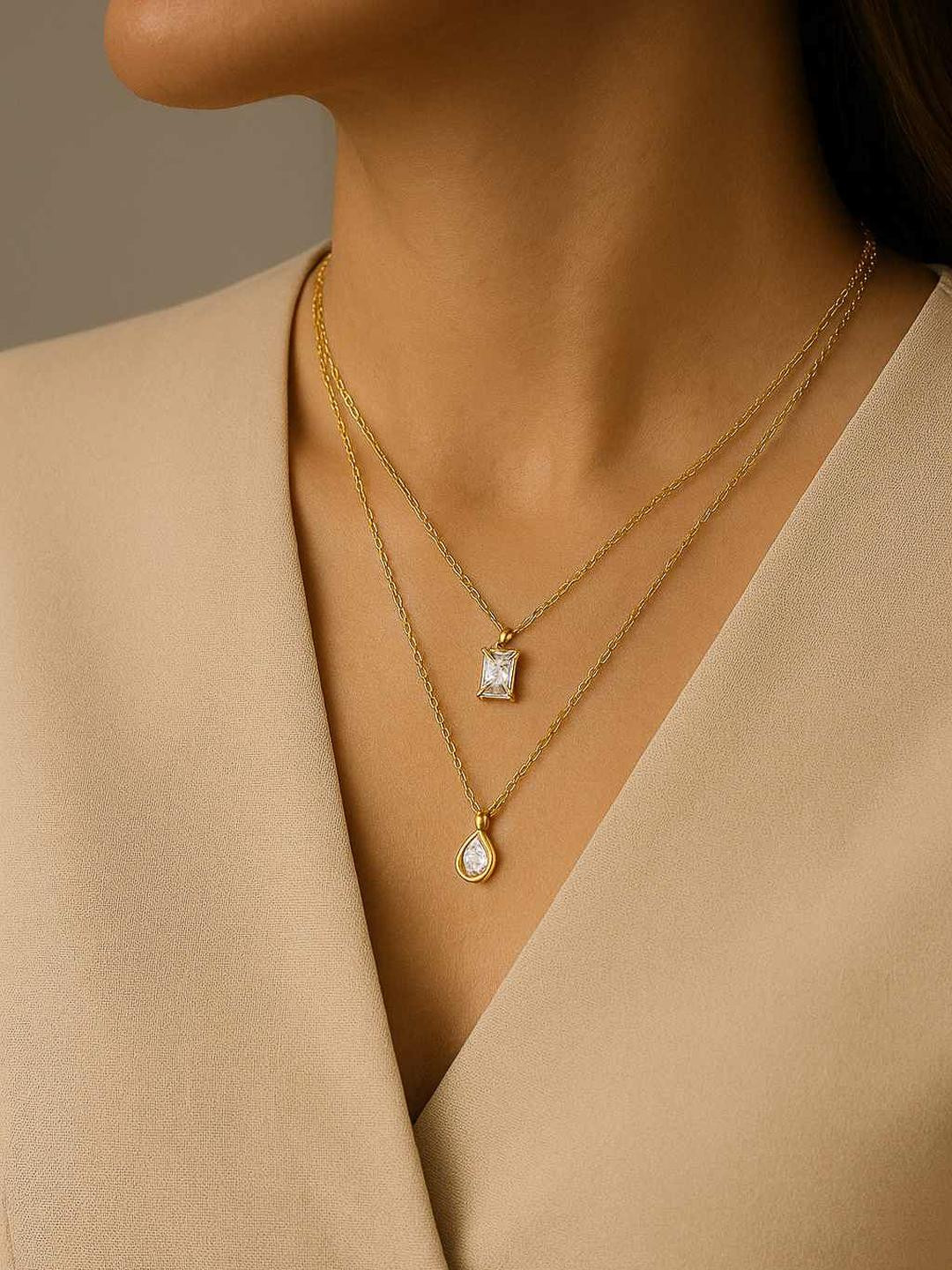 LOLO LePA Women Gold Plated Stainless Steel Two Layered Artificial Stone Necklace
