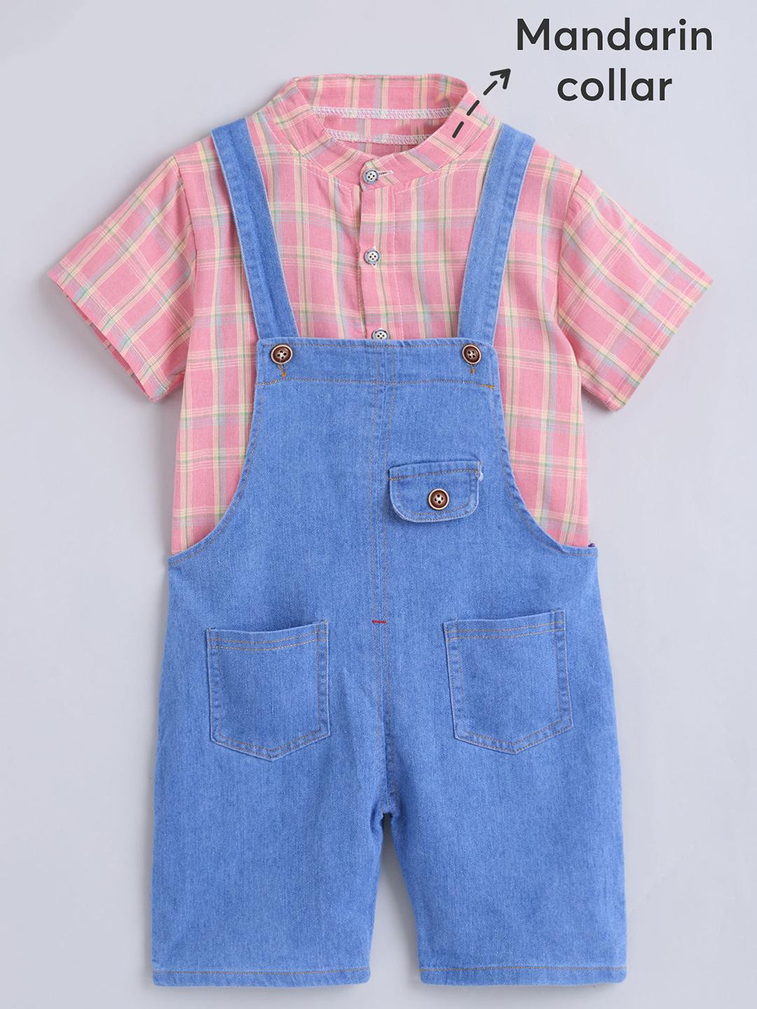 2-Pc Checked Shirt & Denim Dungaree