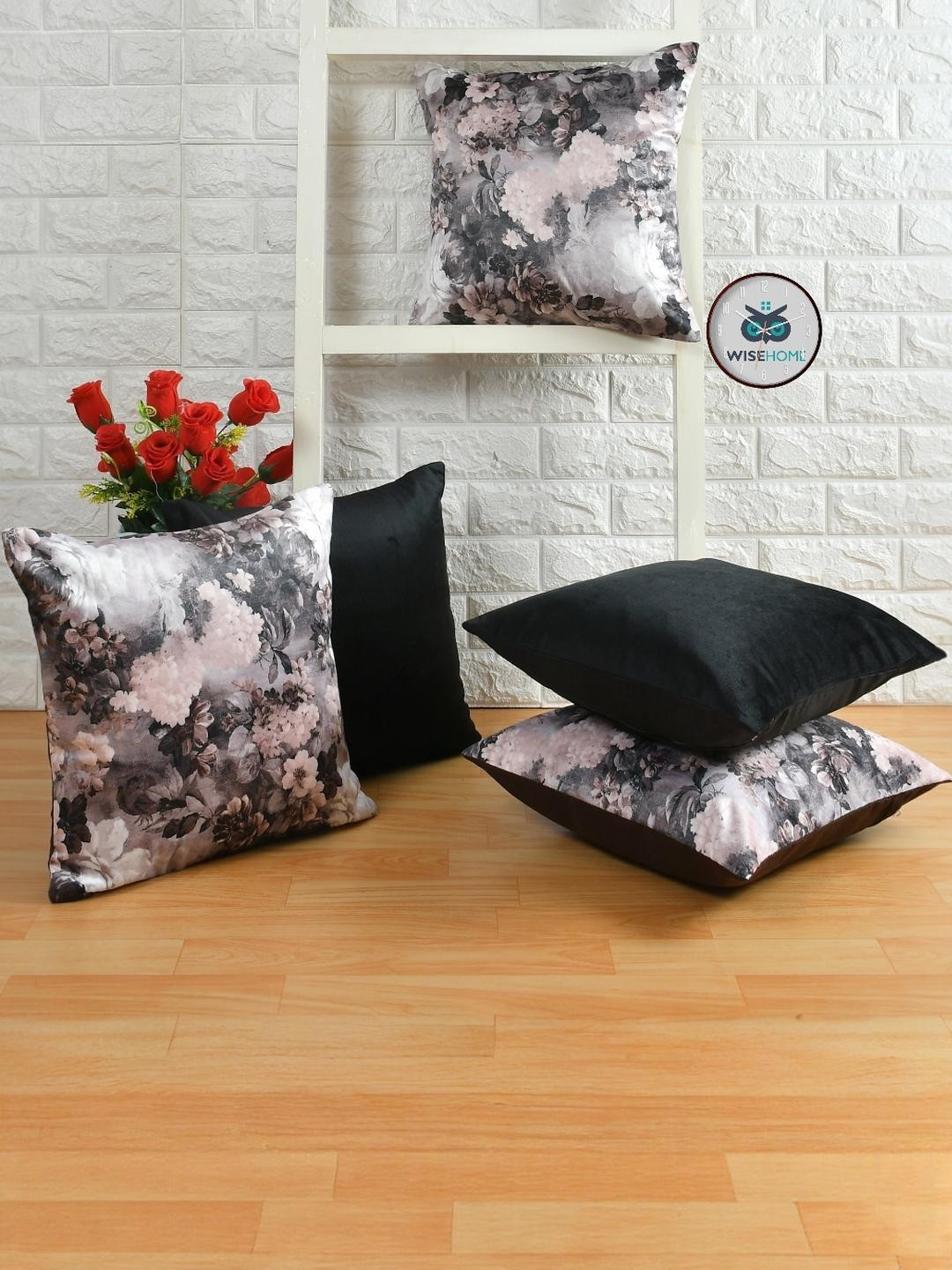 WISE HOME Set of 5 Floral Print Velvet Square Cushion Covers